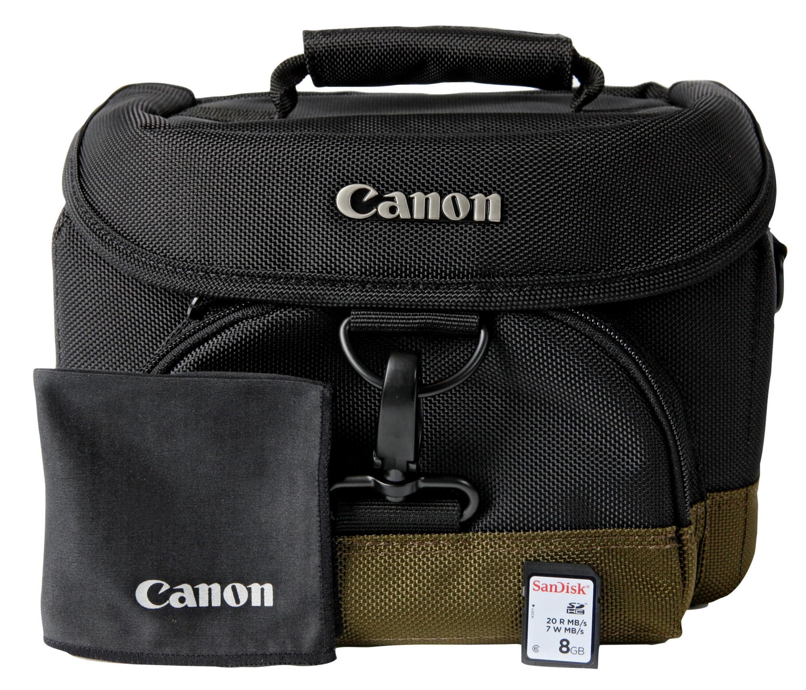 Eine schwarze Canon Kameratasche mit einer SanDisk 8GB SD-Karte und einem Tuch.