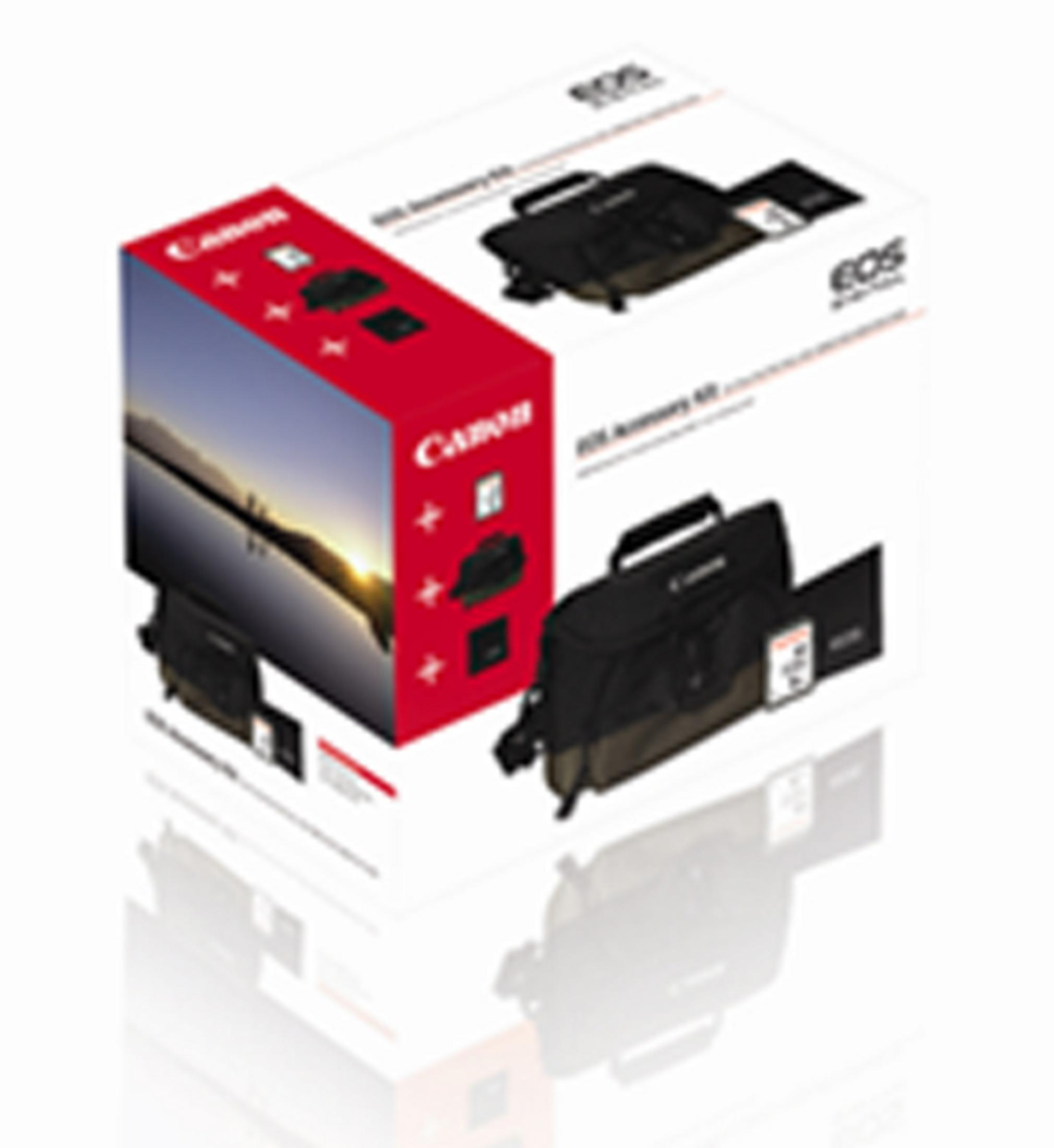Canon EOS Zubehör-Kit mit Kameratasche und Zubehör auf weißem Hintergrund.