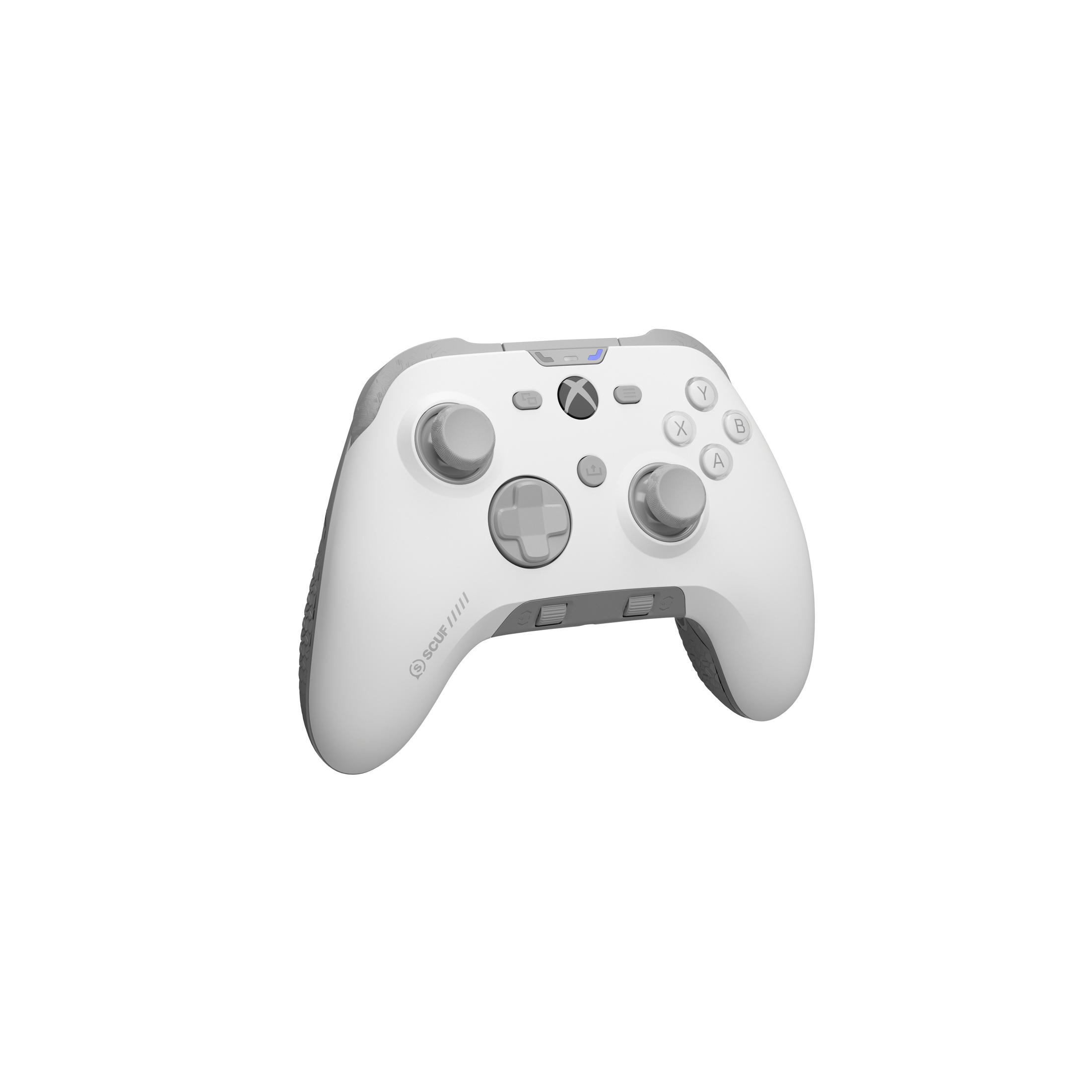 Ein weißer Controller mit grauen Akzenten und Tasten.
