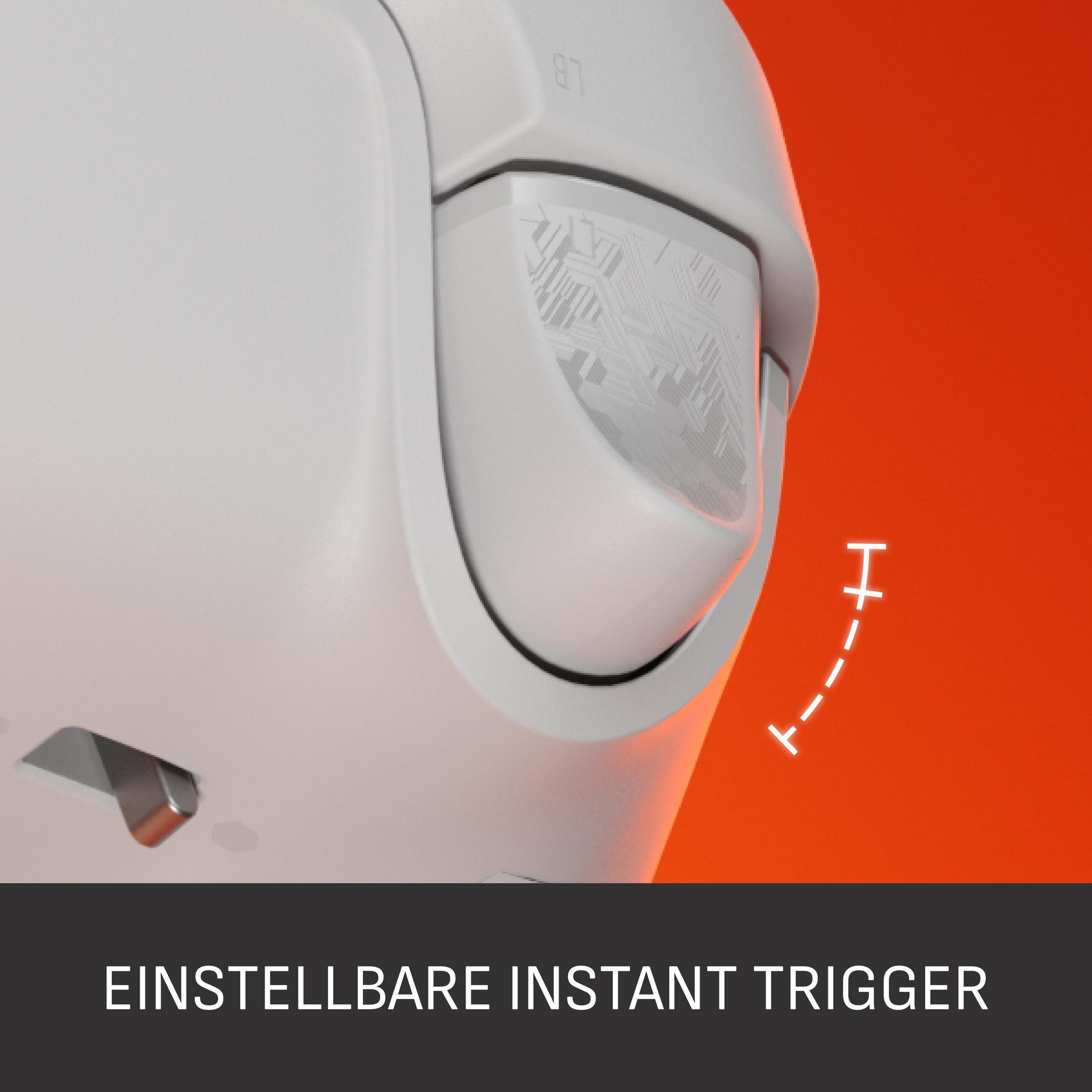 Nahaufnahme eines weißen Geräts mit orangem Hintergrund und Text.