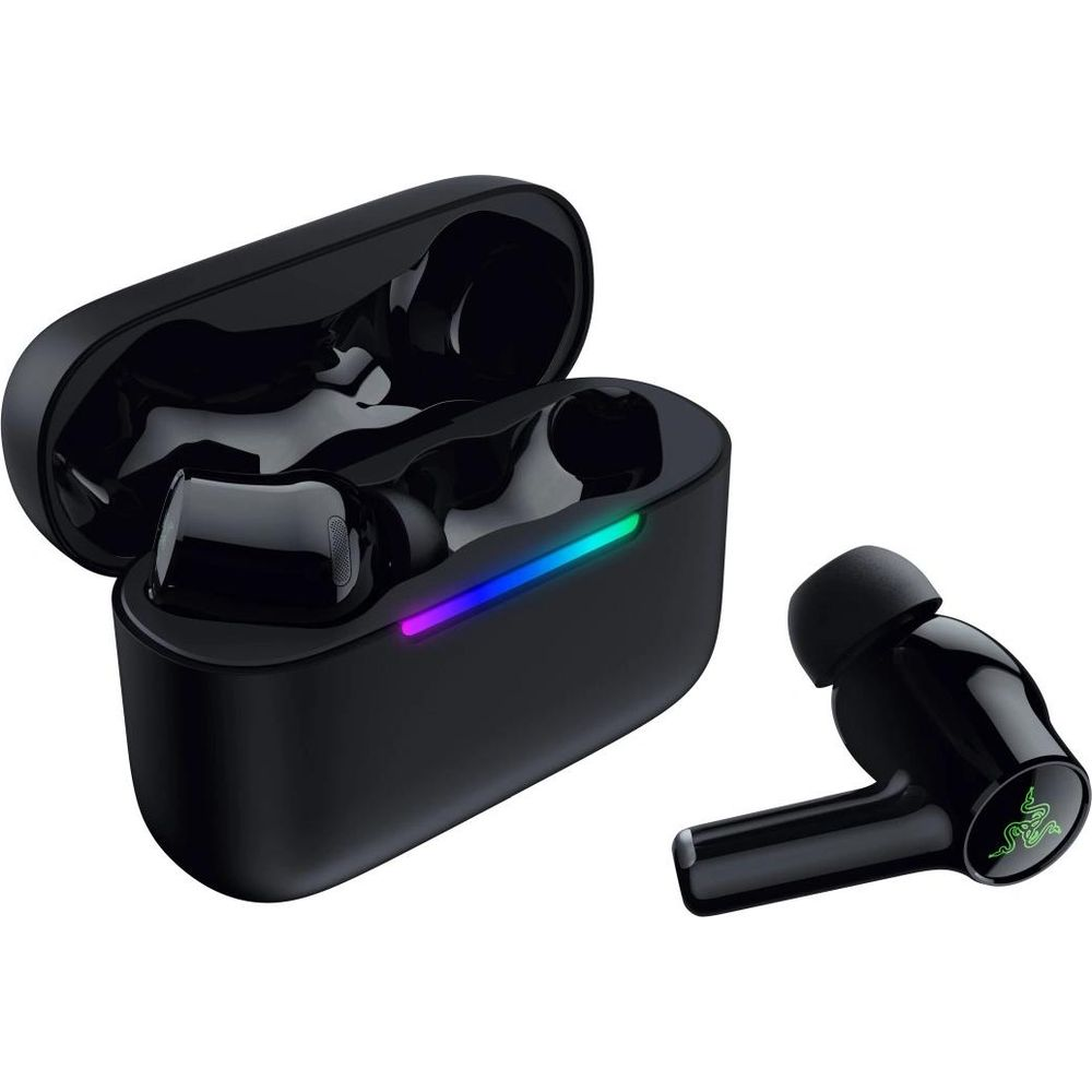 Auricolari wireless neri con custodia di ricarica e luce RGB.