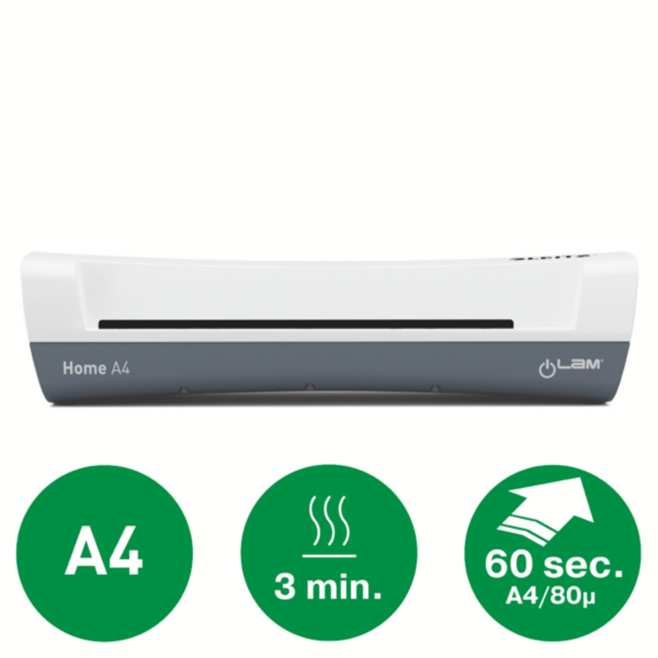 Ein weiß-grauer Aktenlaminator mit A4-Kennzeichnung und Icons für 3 Min. und 60 Sek.