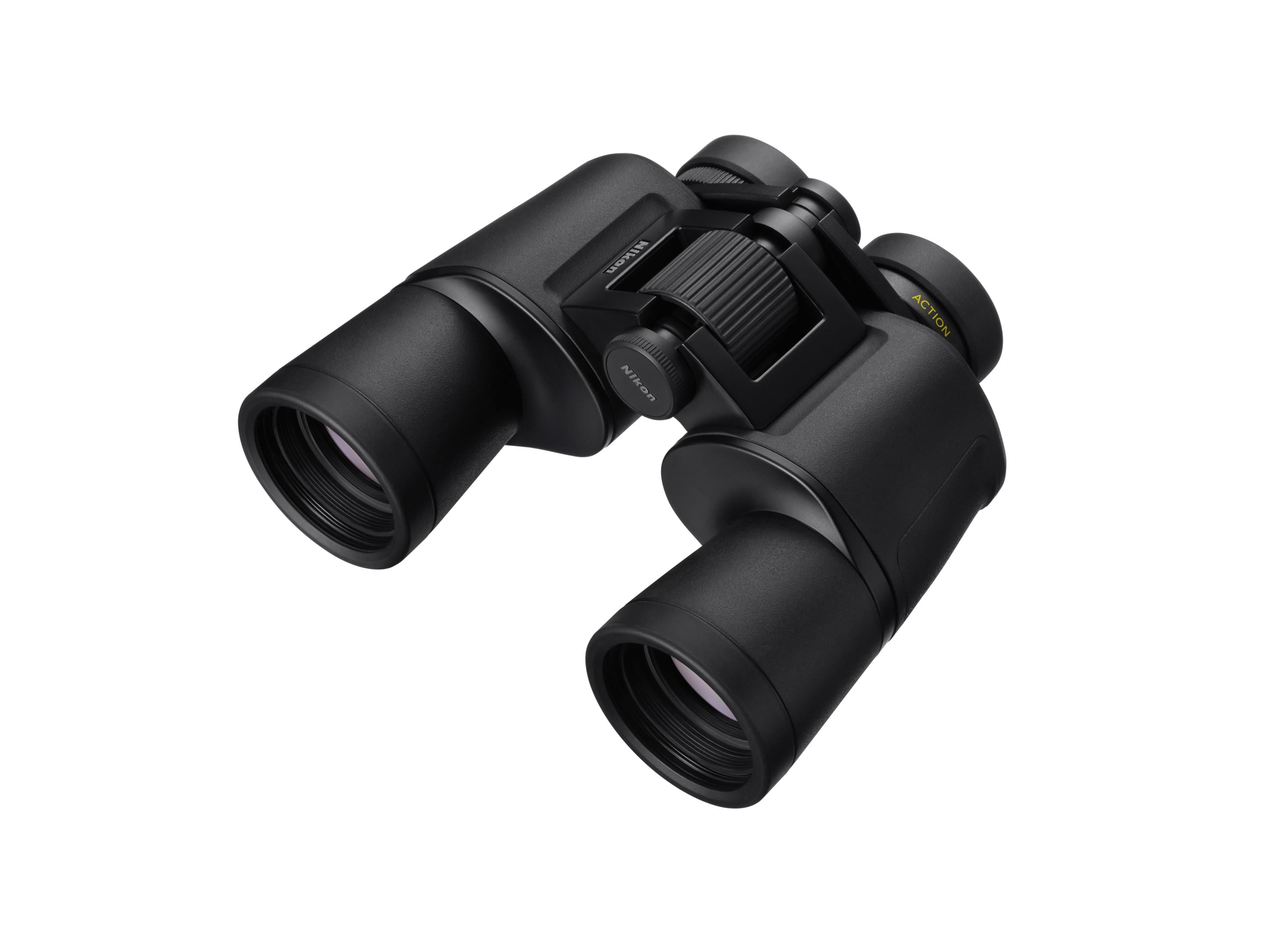 Sarı yazılı, odak tekerlekli siyah Nikon dürbün.