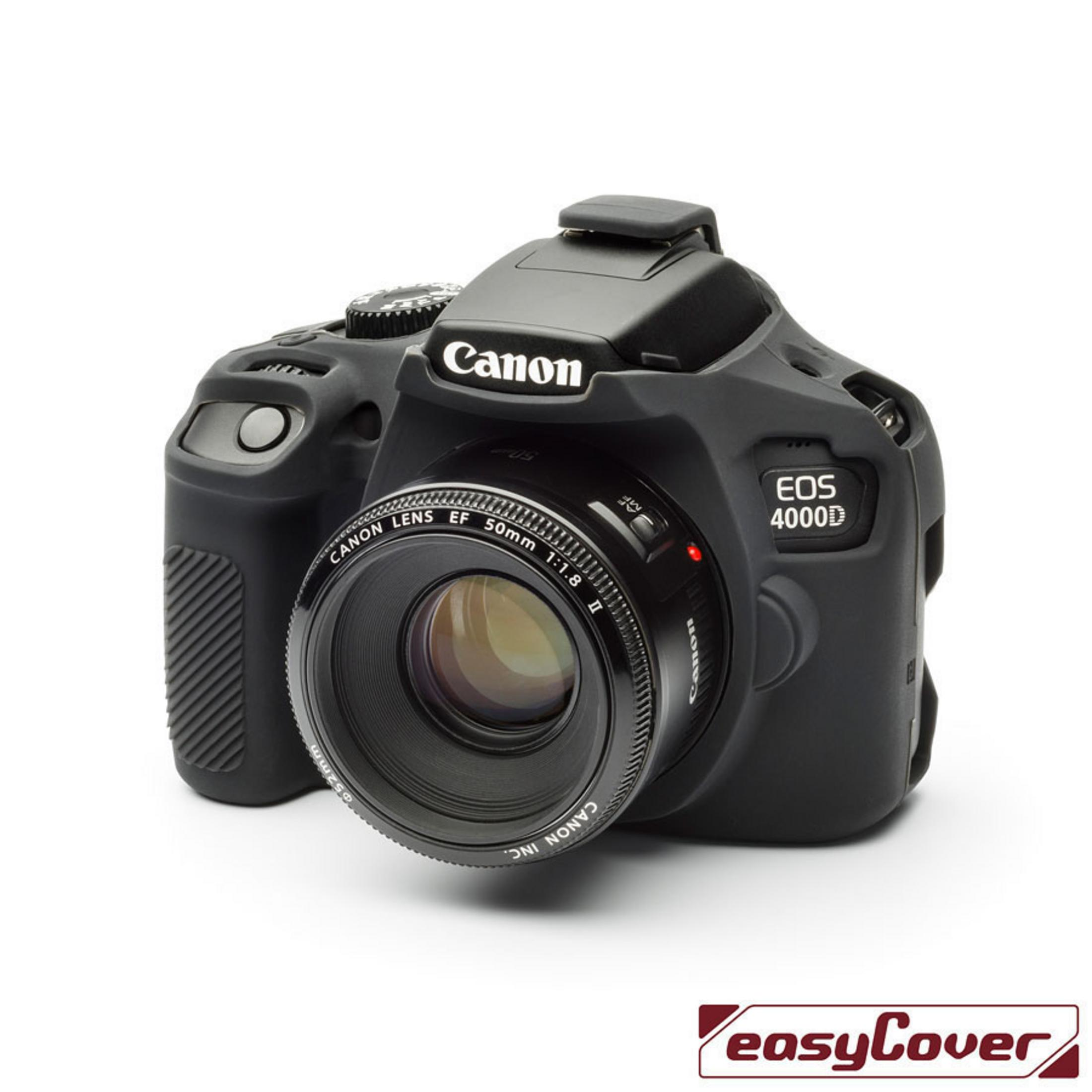 Schwarze Canon EOS 4000D Kamera mit 50mm Objektiv und EasyCover.