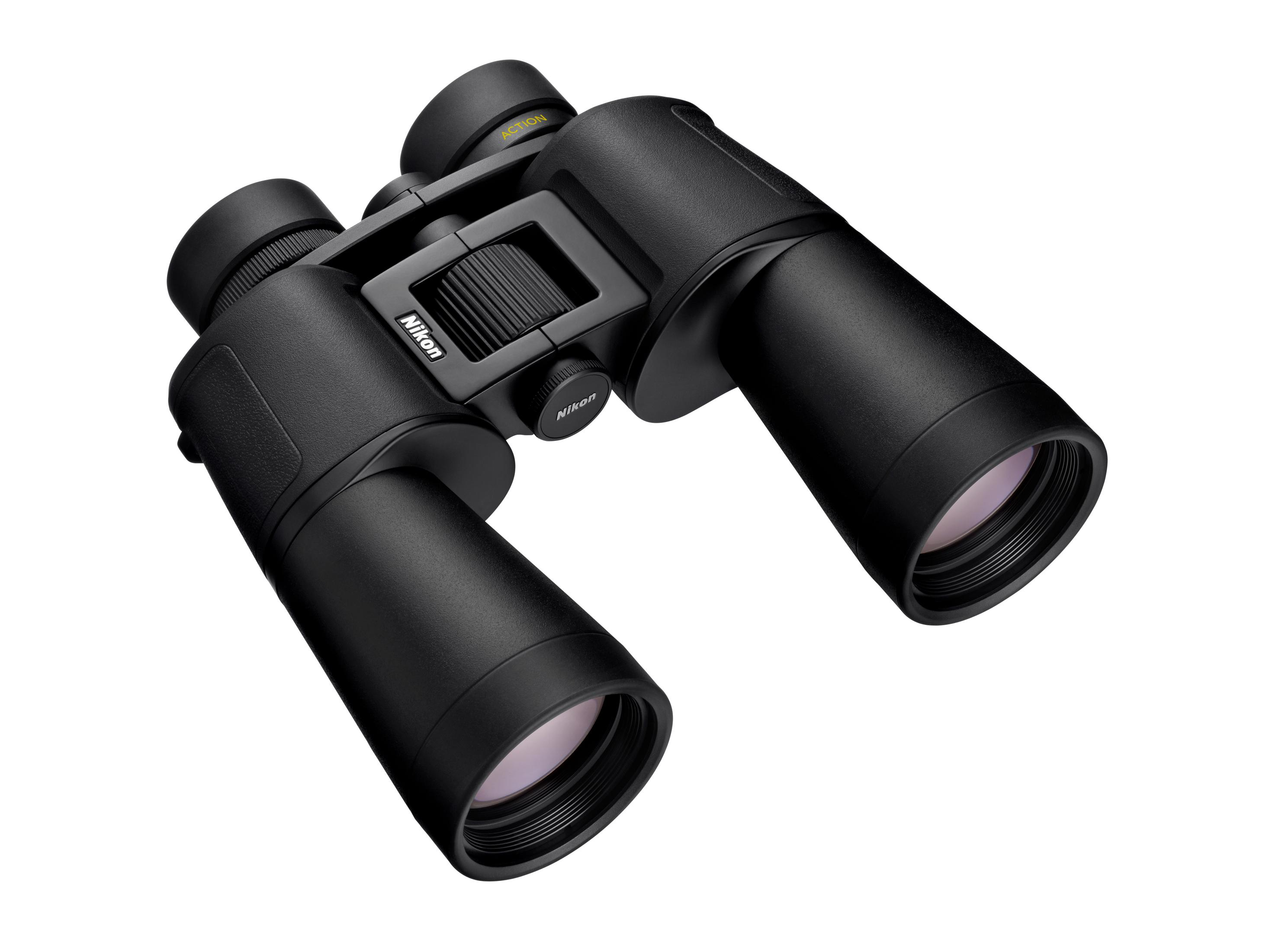 Schwarze Nikon-Ferngläser mit Fokusrad und Objektivdeckeln.