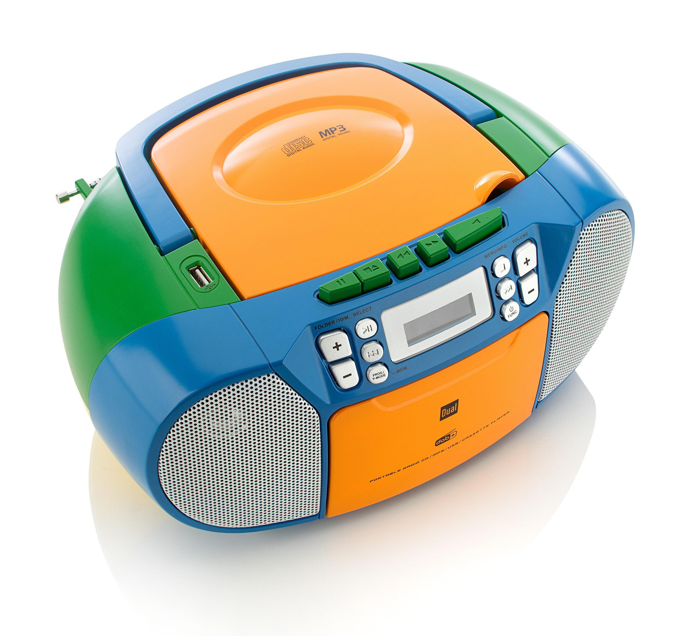 Ein bunter tragbarer CD-Player mit Radio, Kassette und USB in Orange, Blau und Grün.