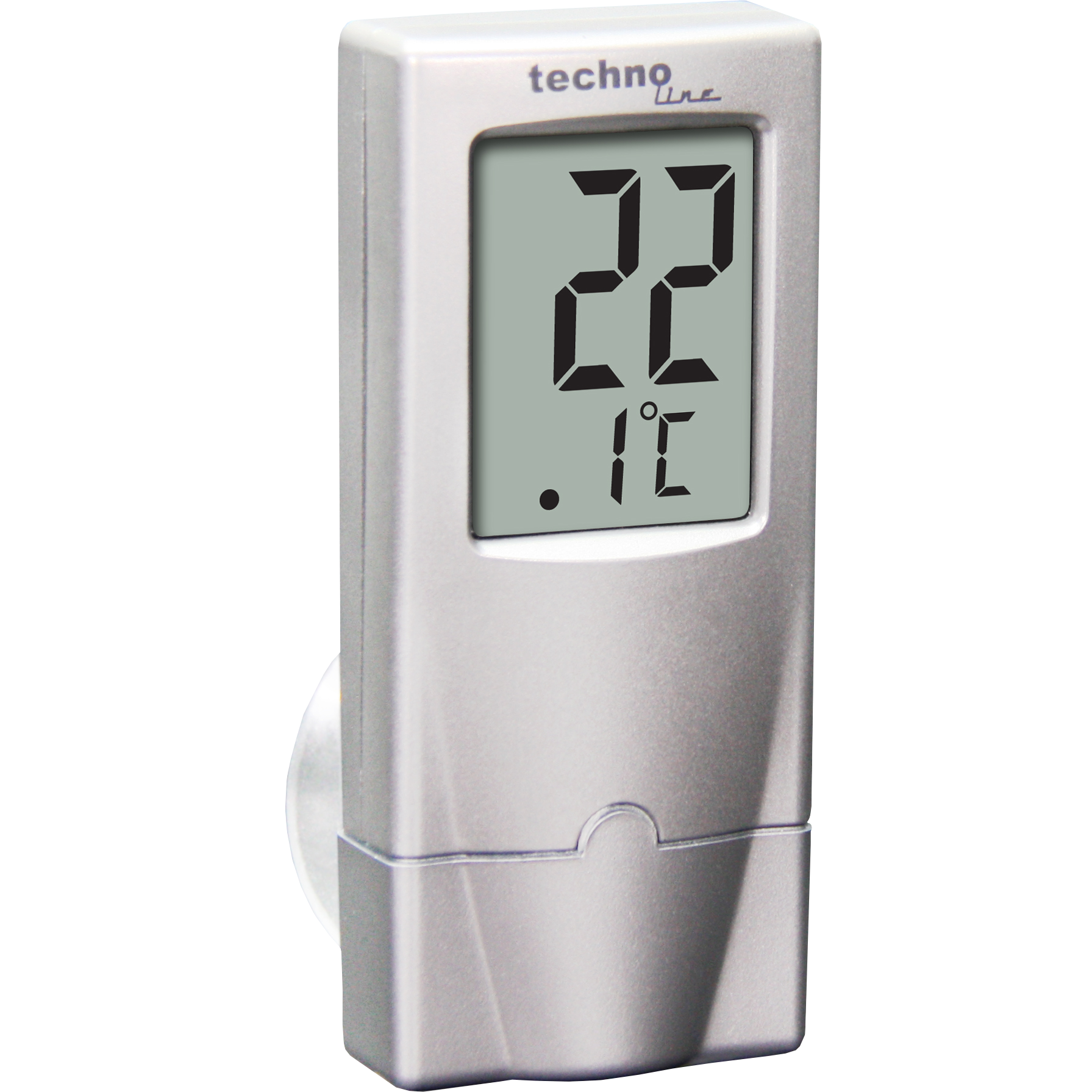 Ein silbernes digitales Thermometer zeigt 22,1 Grad Celsius an.