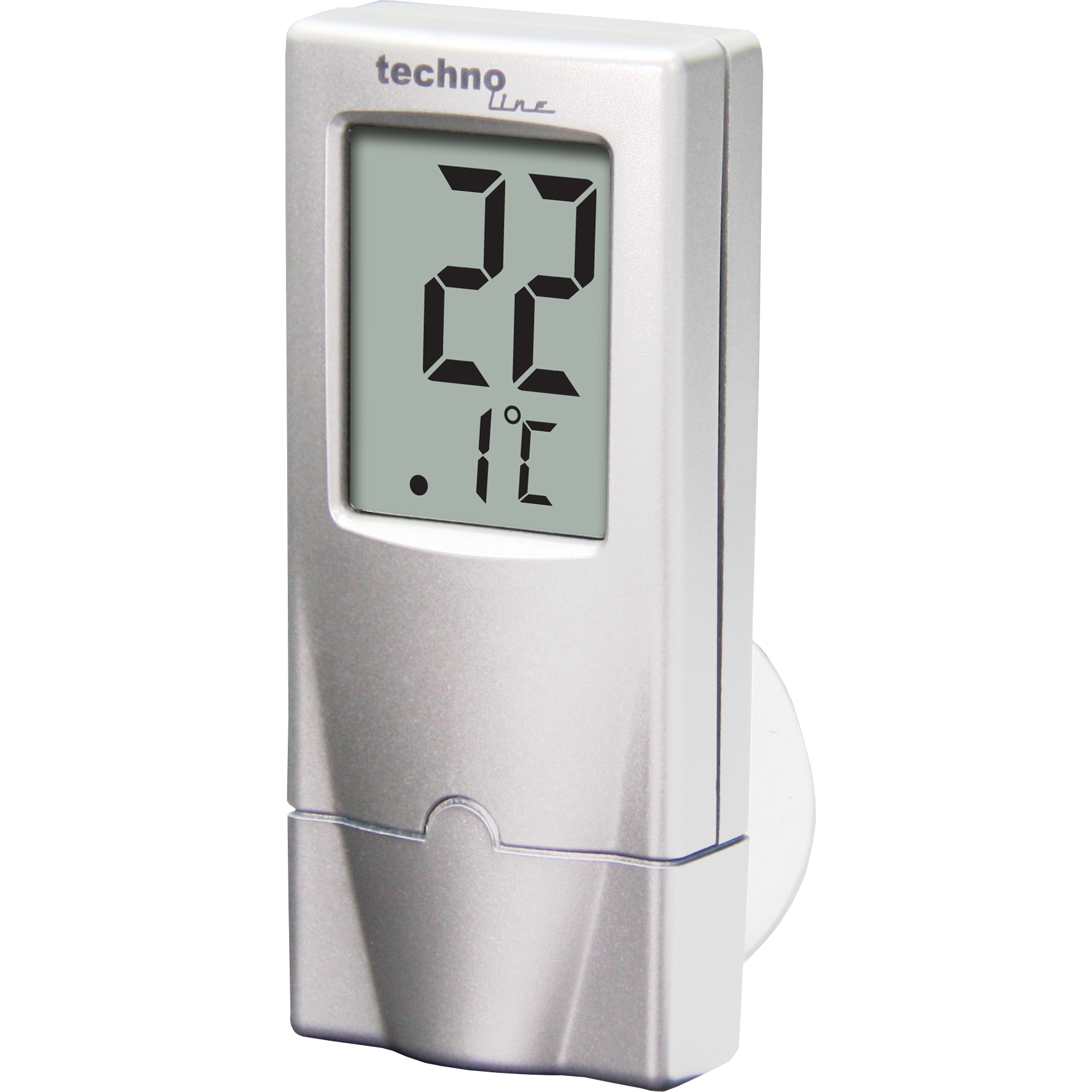Ein silbernes Digitalthermometer zeigt 22°C an.