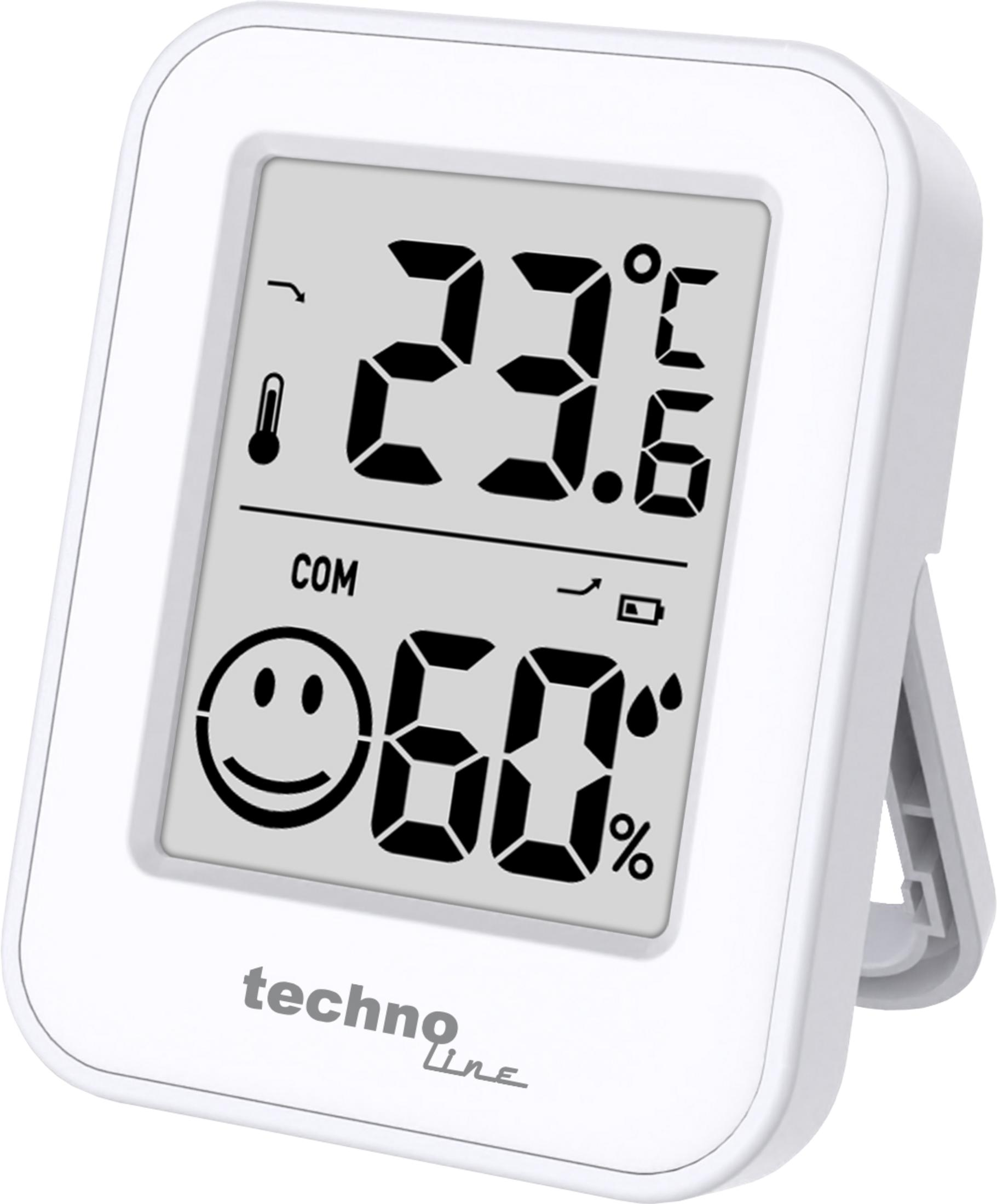 Ein weißes digitales Thermo-Hygrometer zeigt 23,6°C und 60% Luftfeuchtigkeit an.