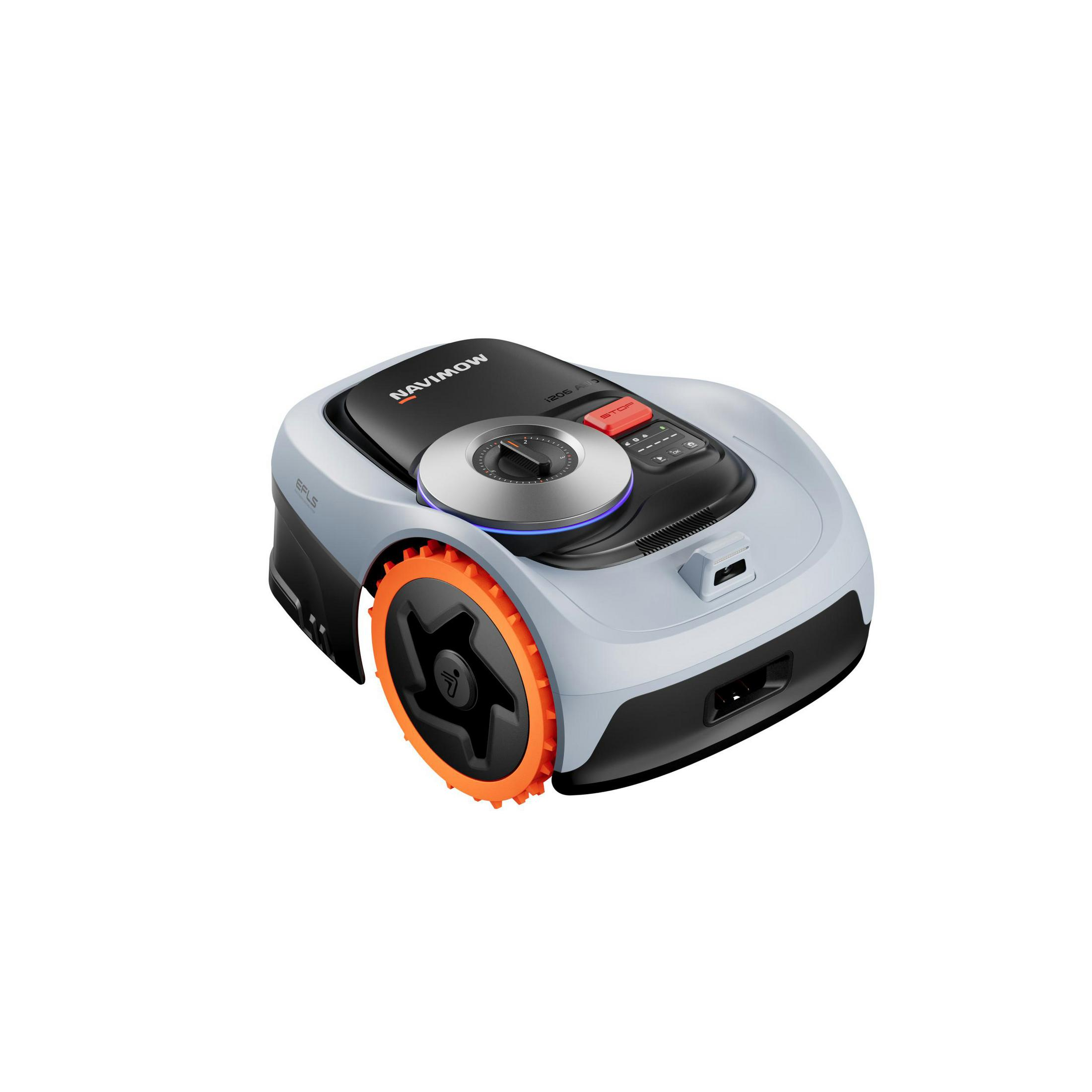 Grauer Mähroboter mit orangen Rädern und schwarzer Oberseite mit Bedienelementen.