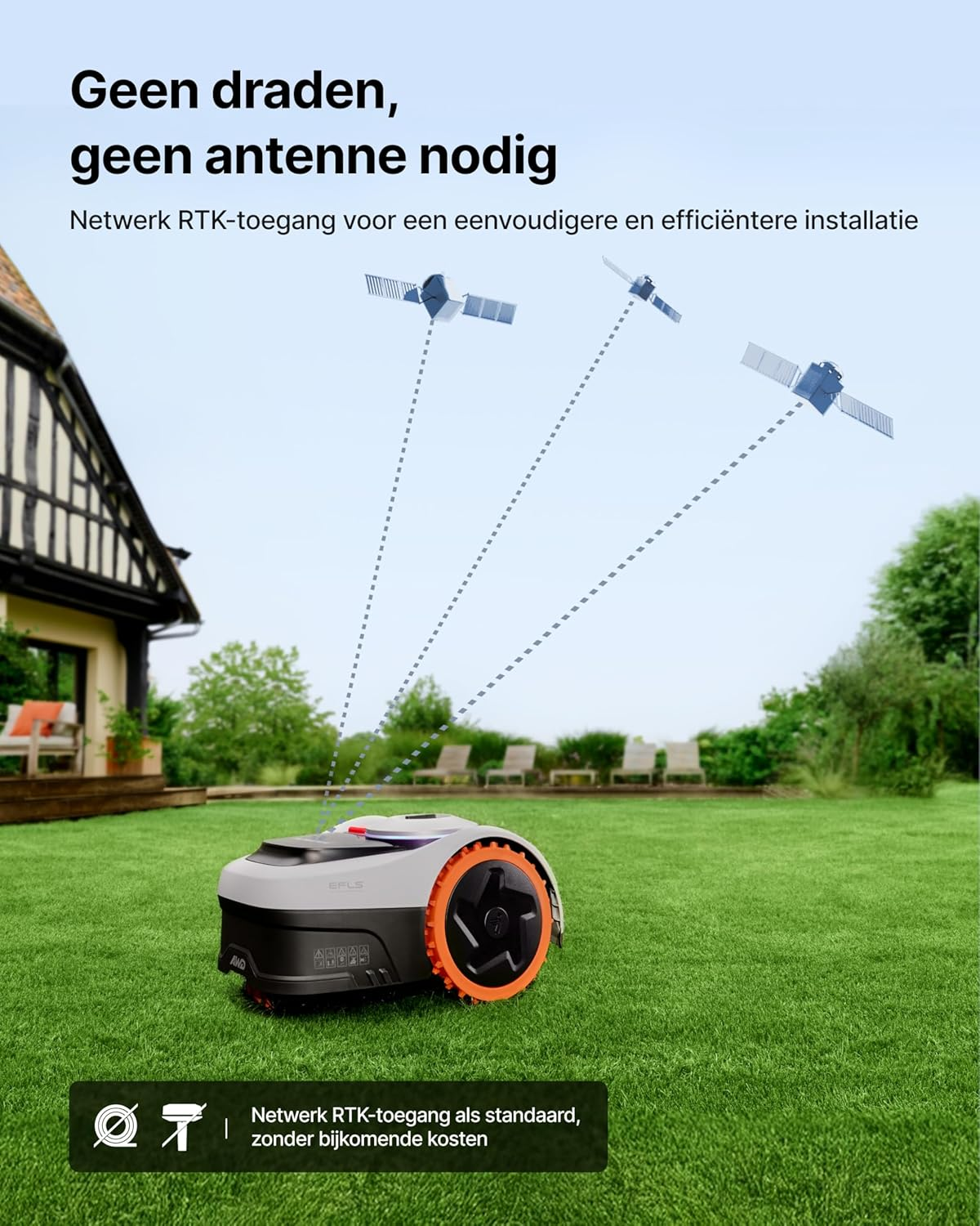 Ein Mähroboter auf einem Rasen, mit Satelliten im Himmel.