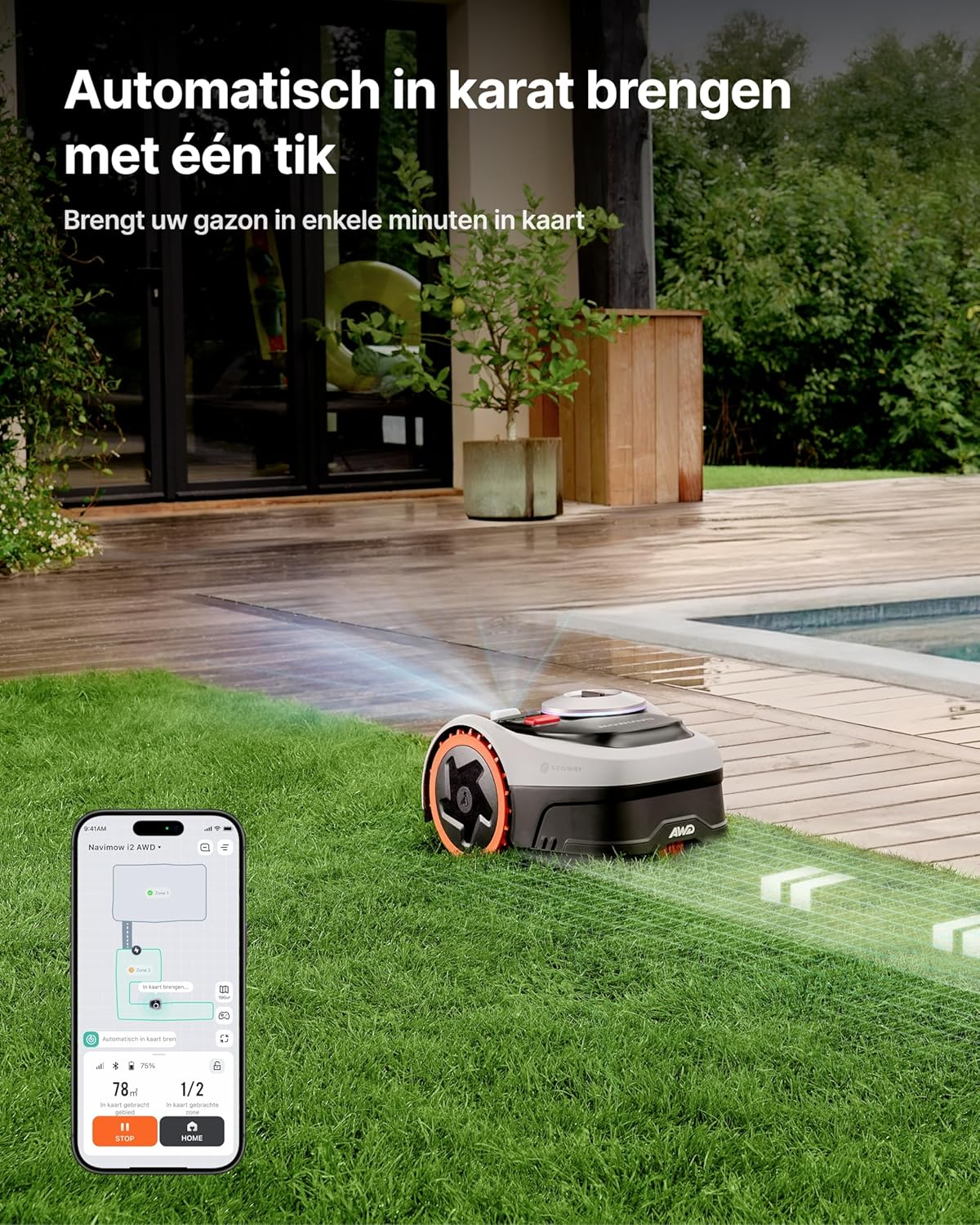 Ein Mähroboter auf einem Rasen, mit einer App auf einem Smartphone daneben.