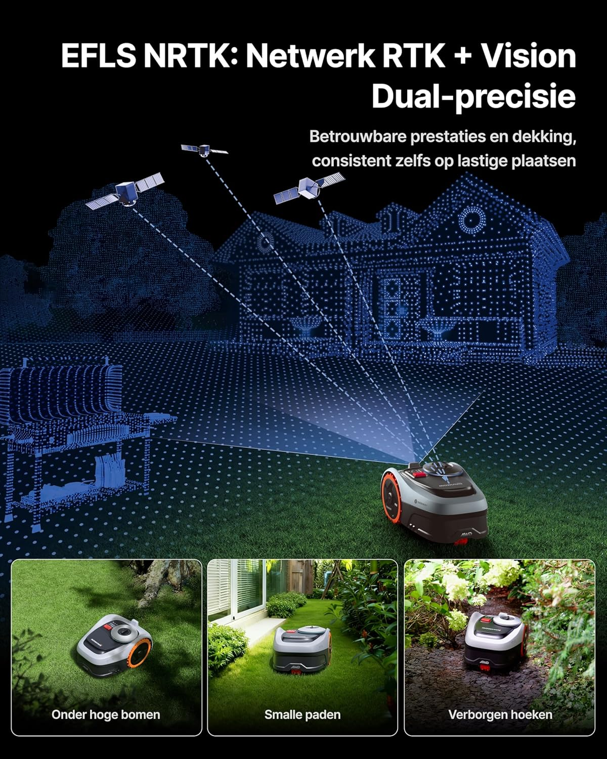 Ein Mähroboter mit Satelliten- und Visionssensoren auf einem Rasen.