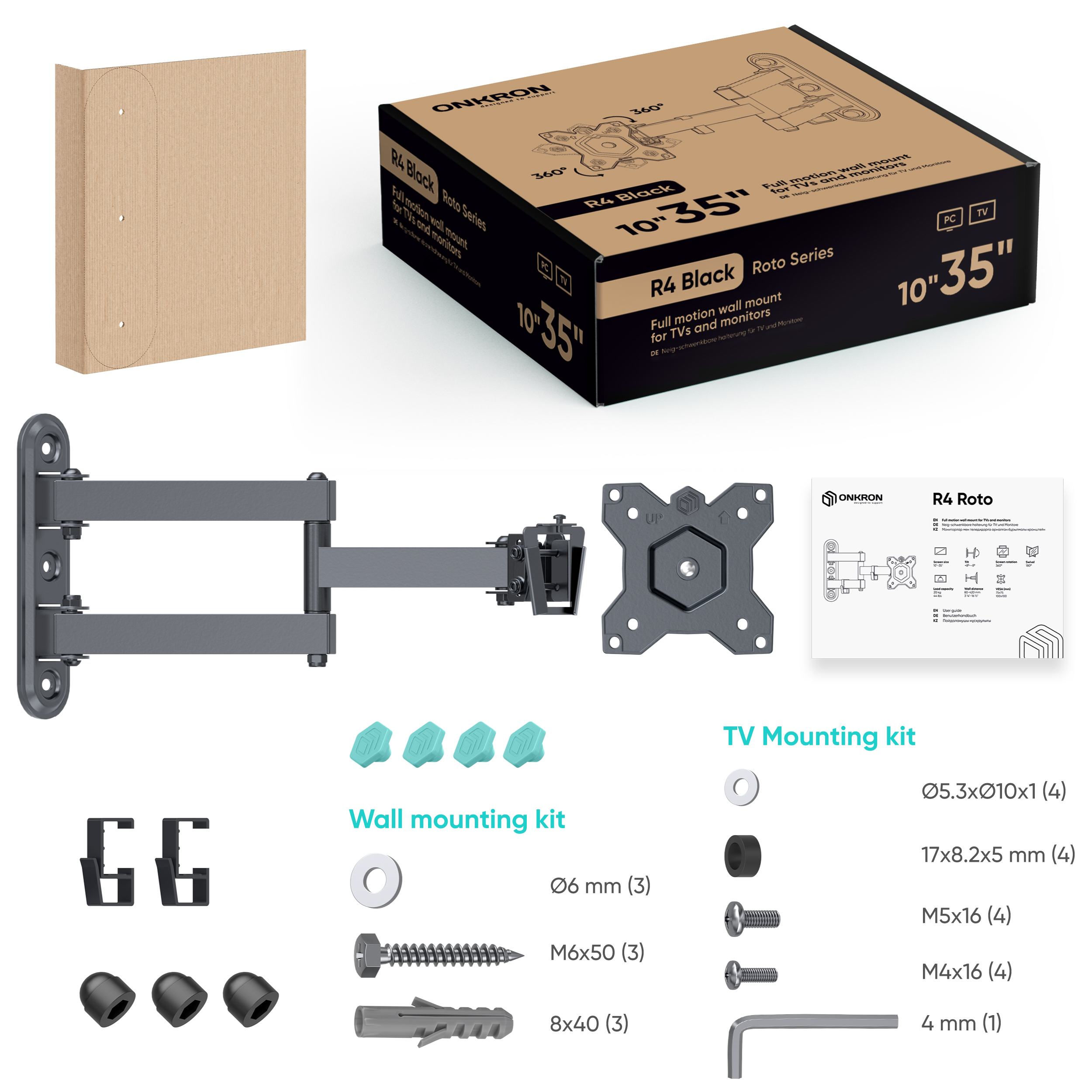 Un kit di montaggio a parete pieghevole con accessori, manuale e imballaggio.