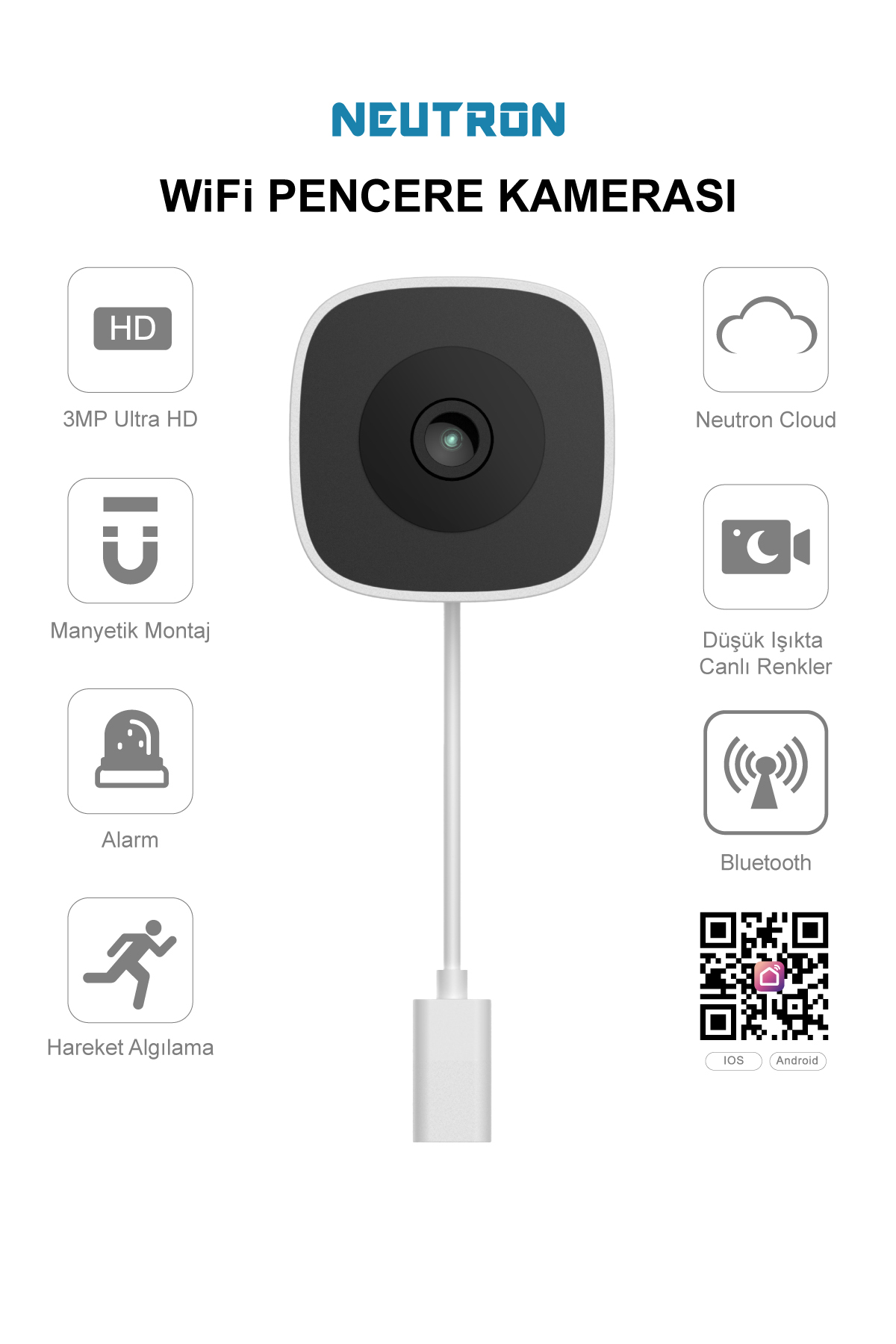 Neutron WiFi Pencere Kamerası: HD, Bulut, Alarm, Bluetooth, Hareket Algılama.
