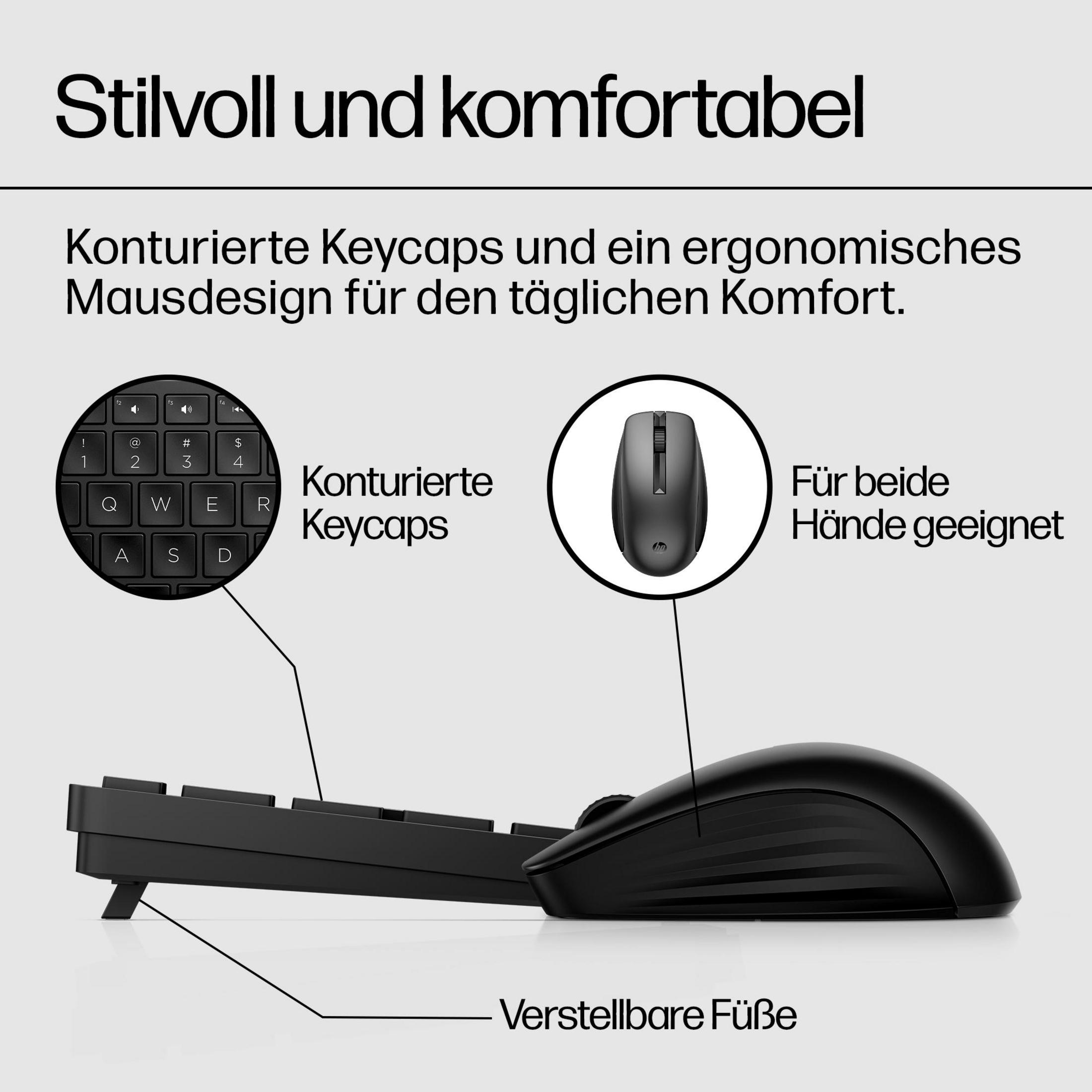Clavier et souris noirs au design ergonomique et avec pieds réglables.