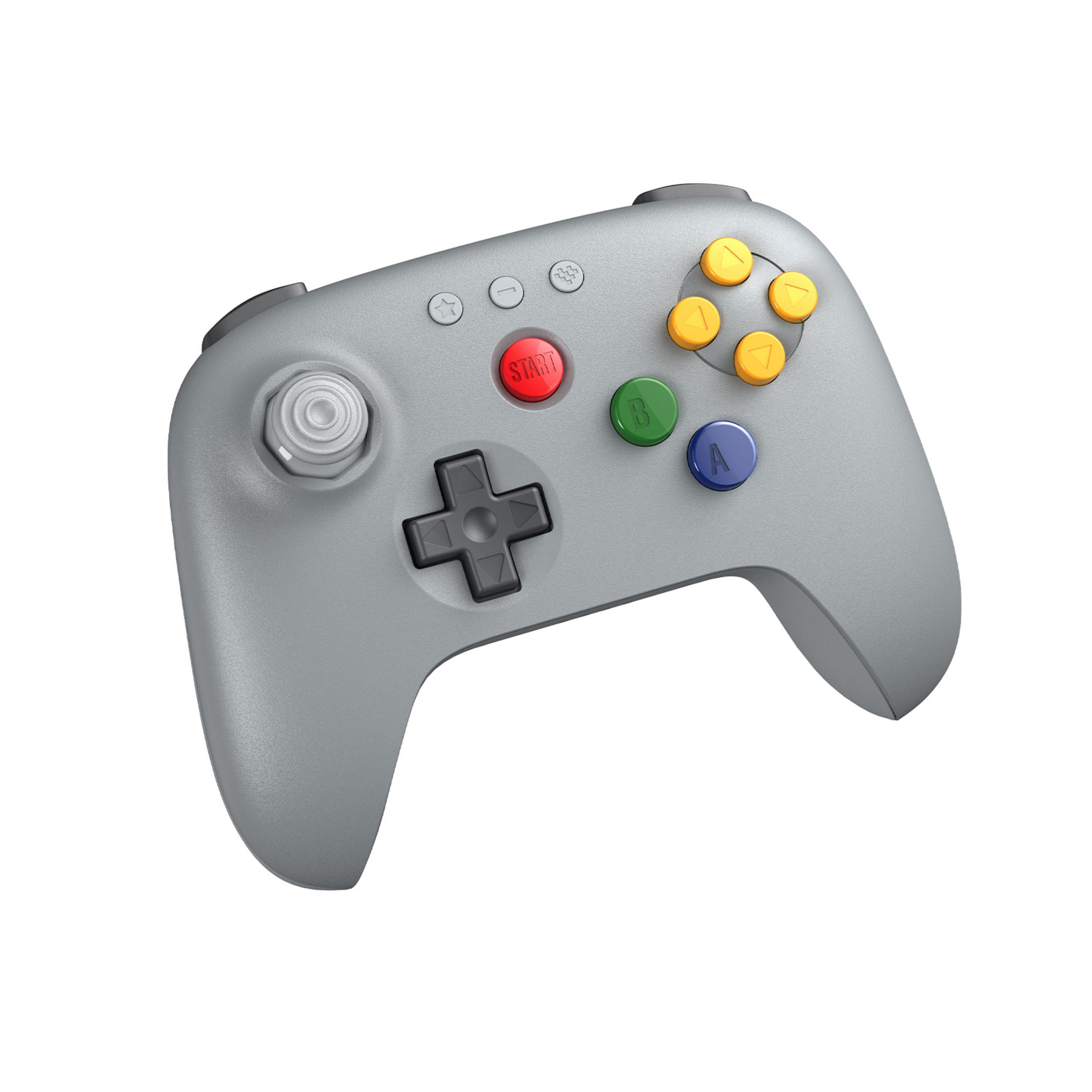 Grauer Gaming-Controller mit gelben, grünen und blauen Tasten.