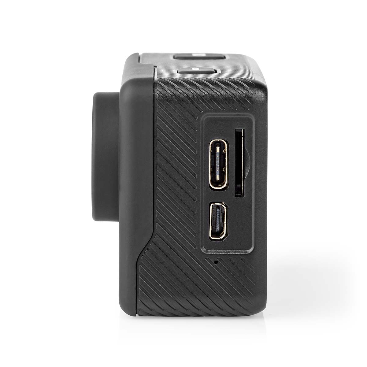 Action cam nera con porte laterali, sfondo bianco.