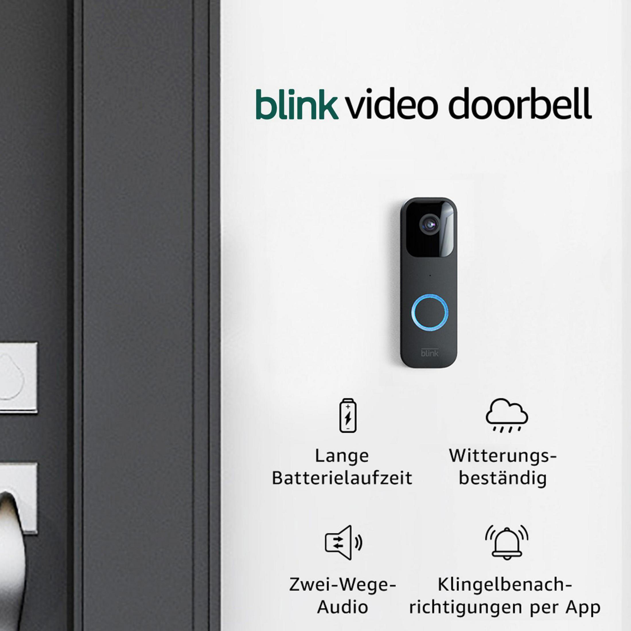 Videocitofono Blink con icone per lunga durata batteria, resistenza meteo, audio bidirezionale e notifiche app.