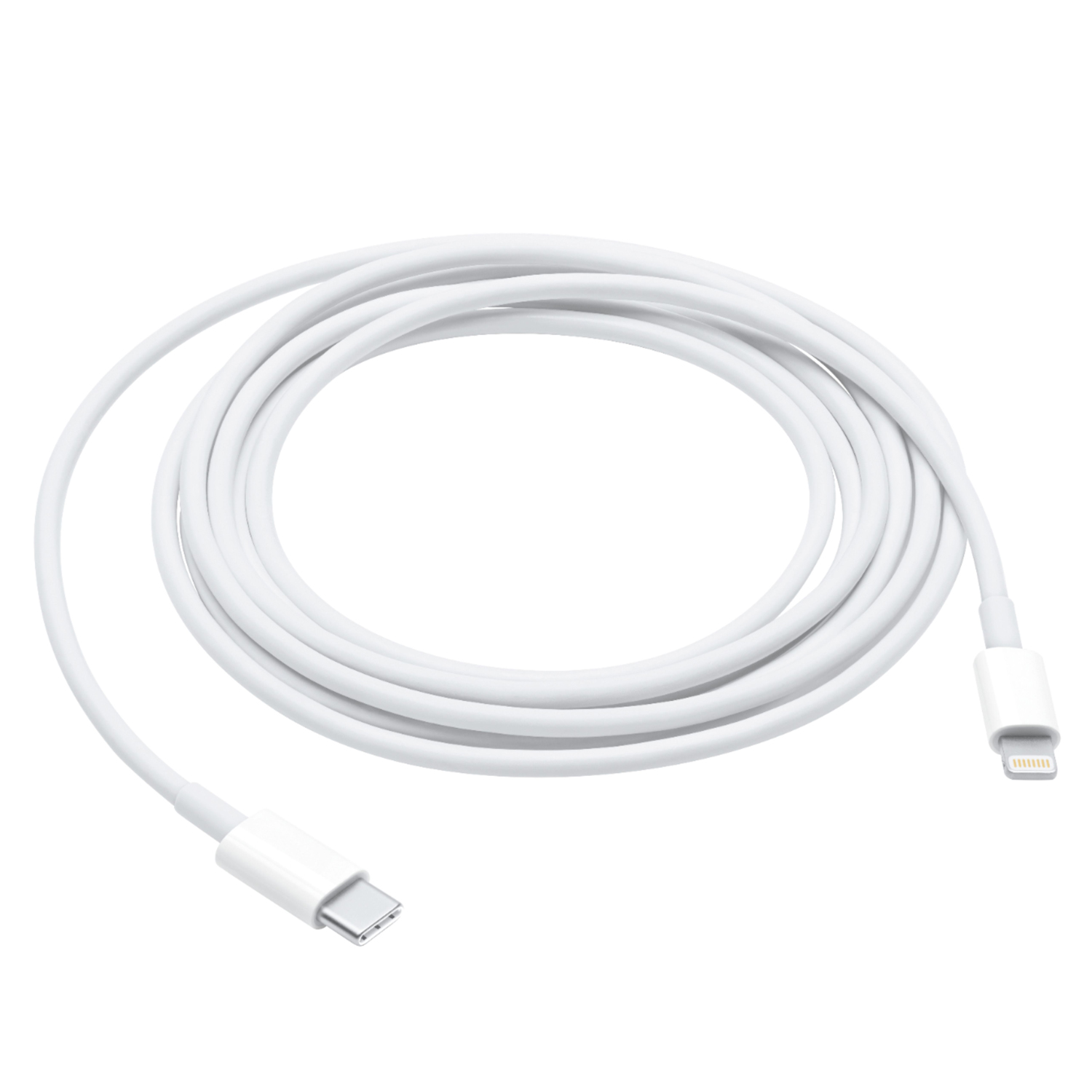 Un cavo bianco da USB-C a Lightning arrotolato è mostrato su sfondo bianco.