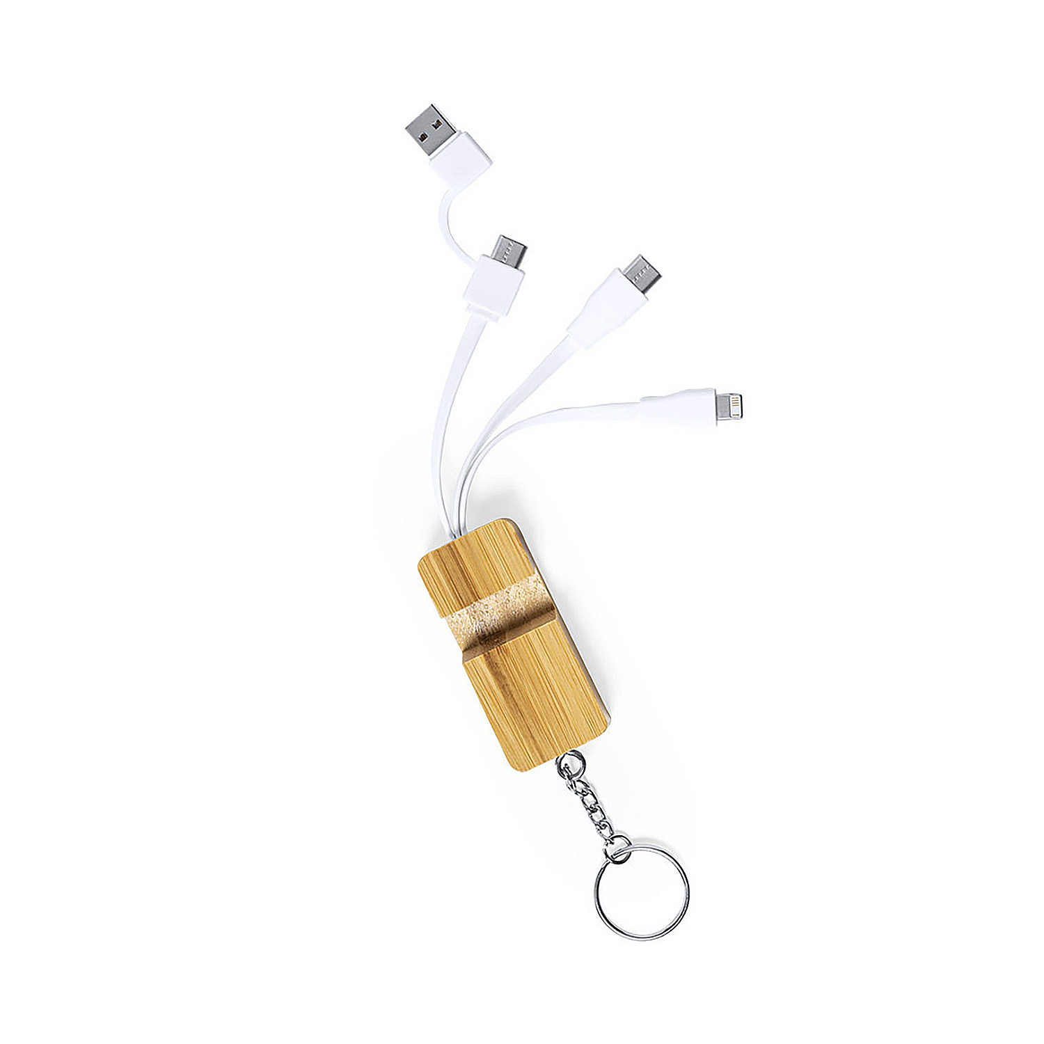 Un portachiavi in legno con cavi di ricarica bianchi: USB-A, Micro-USB, USB-C e Lightning.