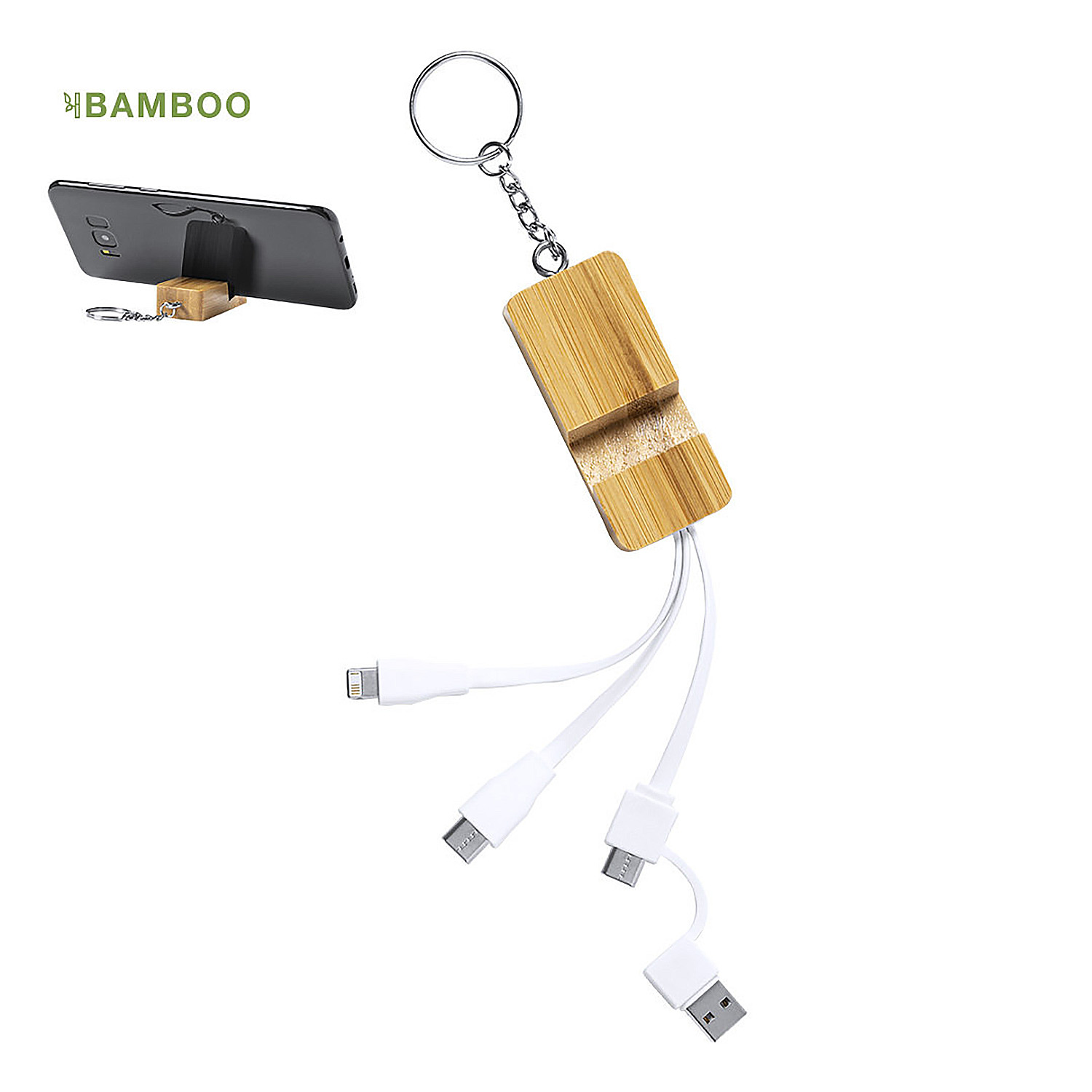 Un portachiavi in bambù con cavi di ricarica per smartphone.