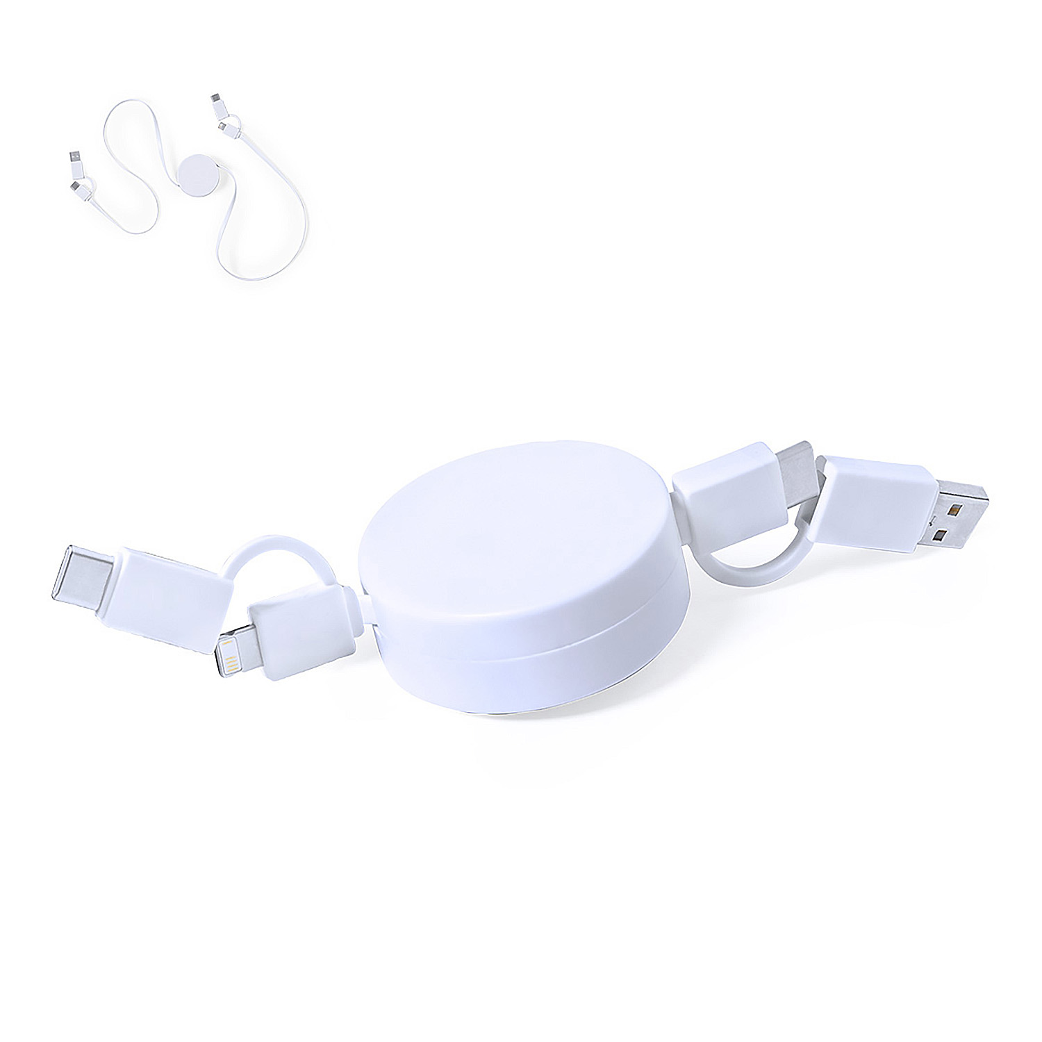 Avvolgicavo bianco con connettori USB, Lightning e USB-C.
