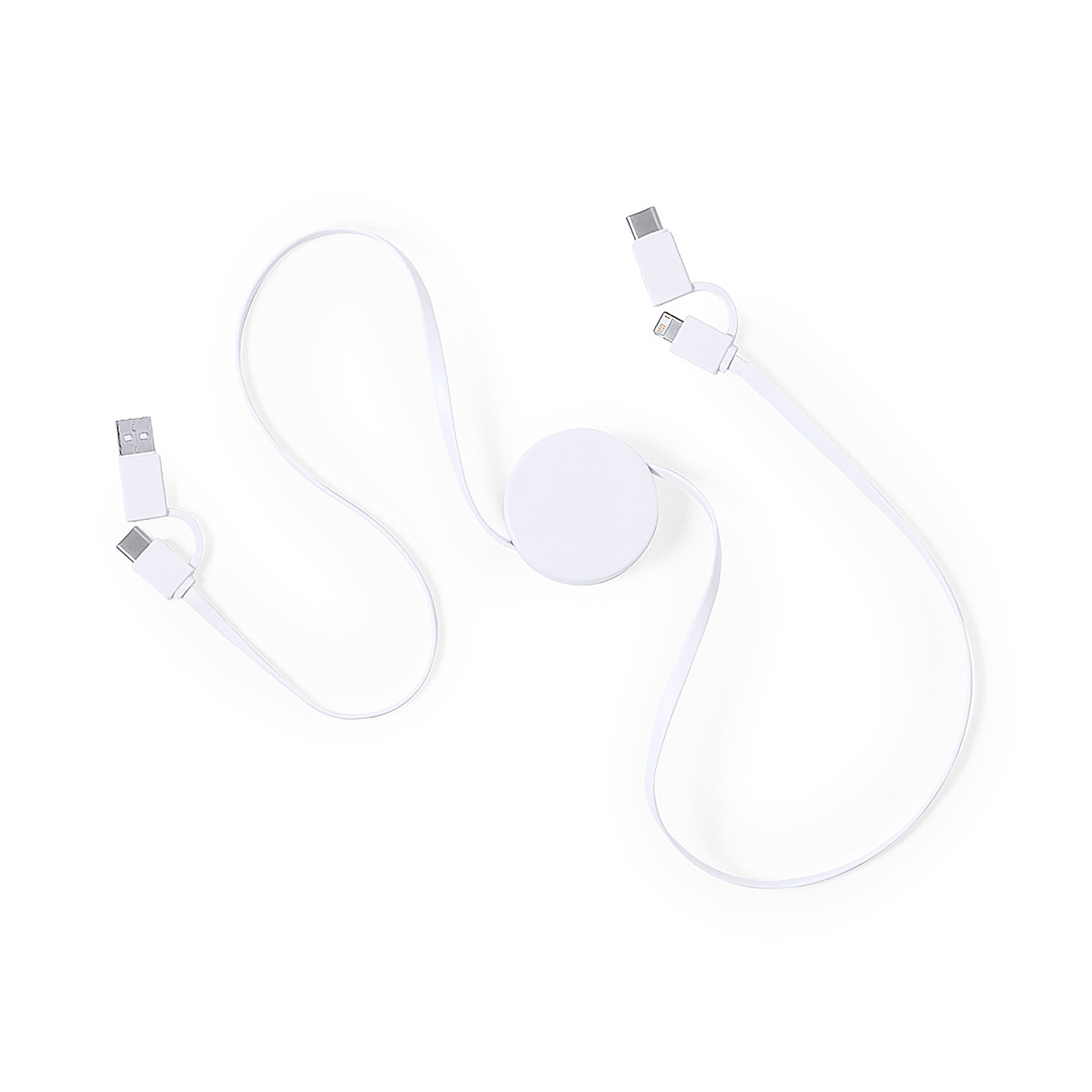 Un cavo USB bianco multi-connettore disposto su sfondo bianco.