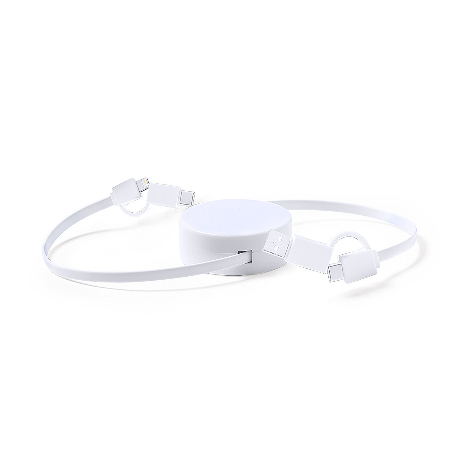 Un cavo di ricarica retrattile bianco con connettori USB, Lightning e USB-C.