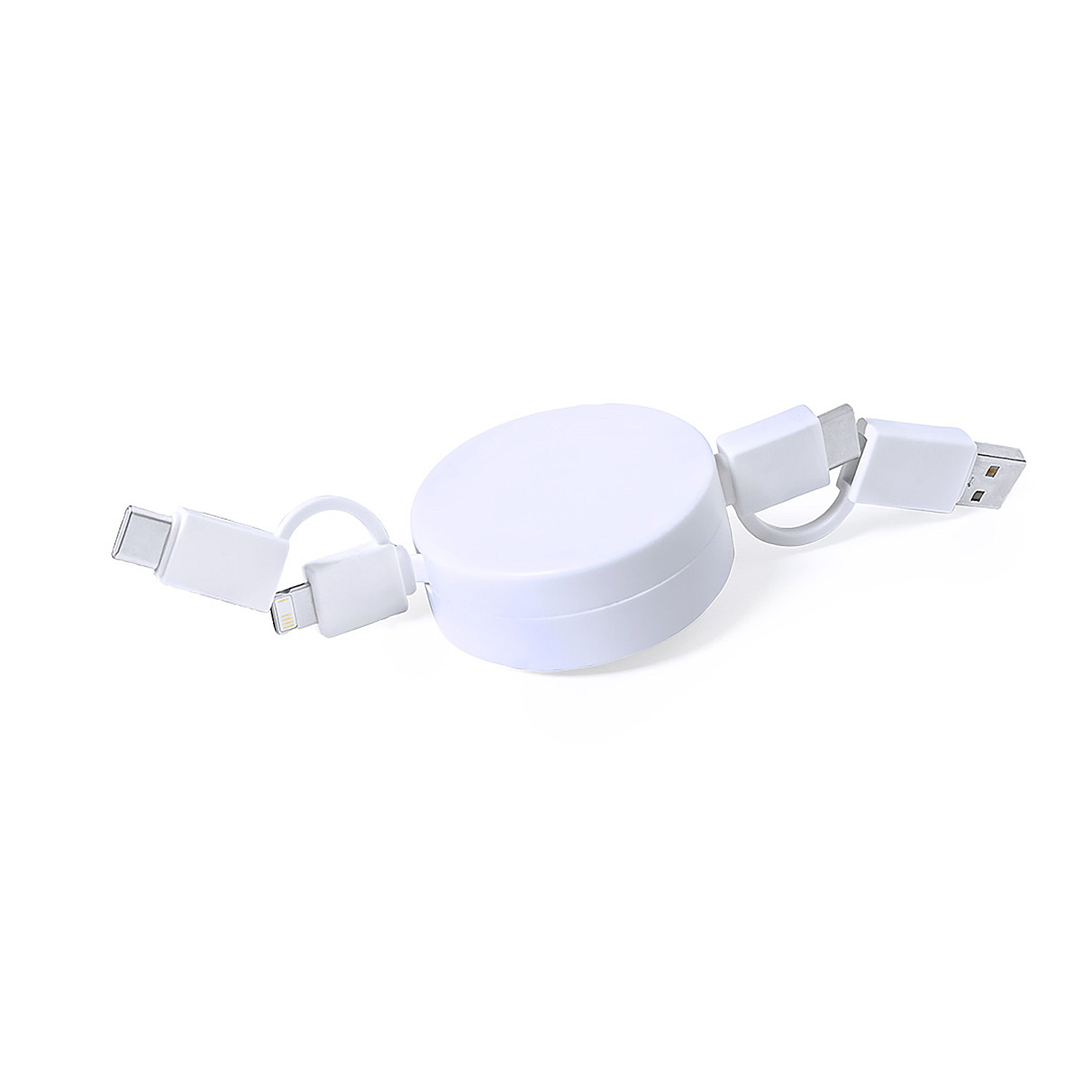 Caricatore USB retrattile bianco con connettori USB-C, Lightning e Micro-USB.