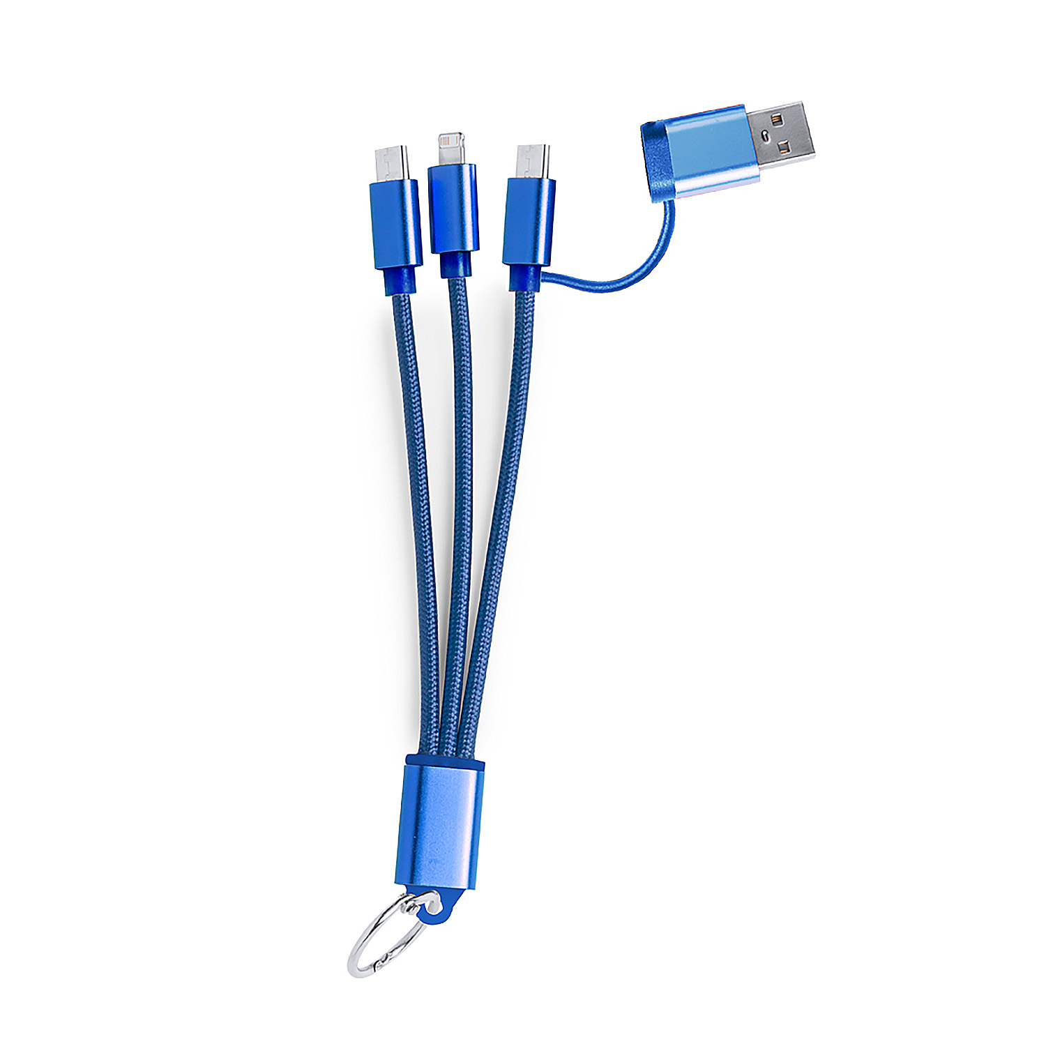 Cavo USB blu con tre connettori: USB-A, USB-C e Lightning.