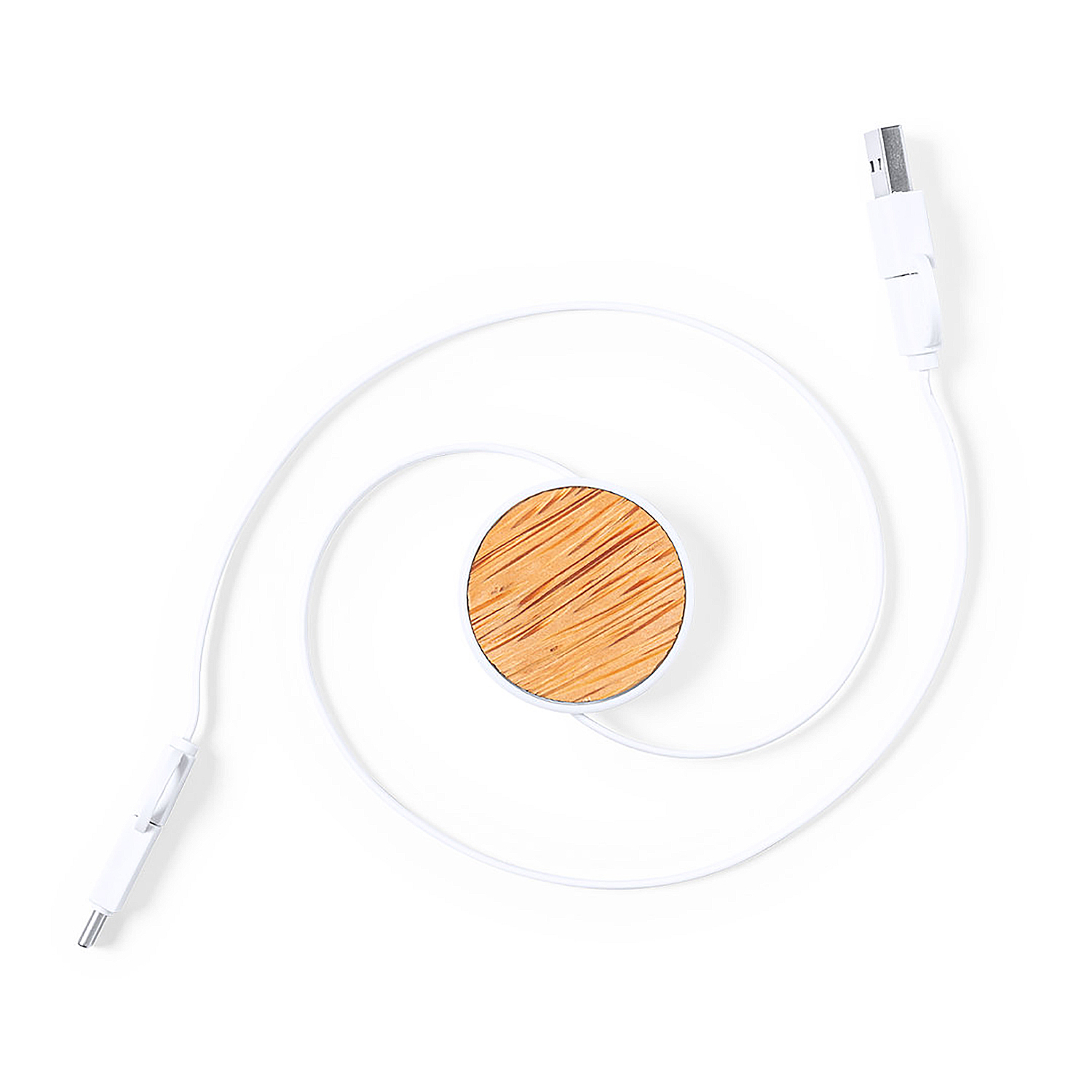 Un cavo di ricarica bianco con connettori USB-C e USB-A, arrotolato con una clip in legno.