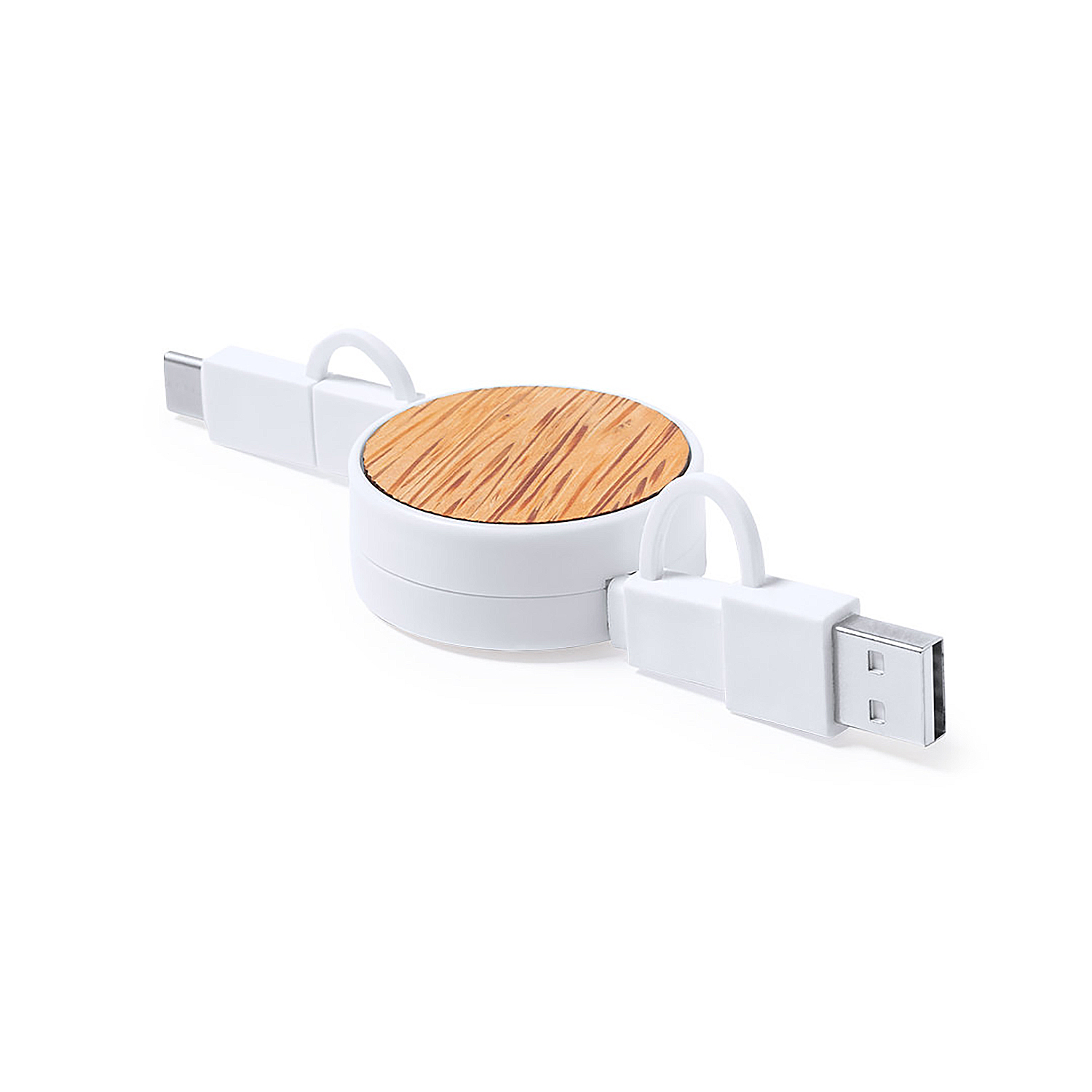 Un cavo di ricarica retrattile bianco con centro effetto legno e connettori USB-A/USB-C.