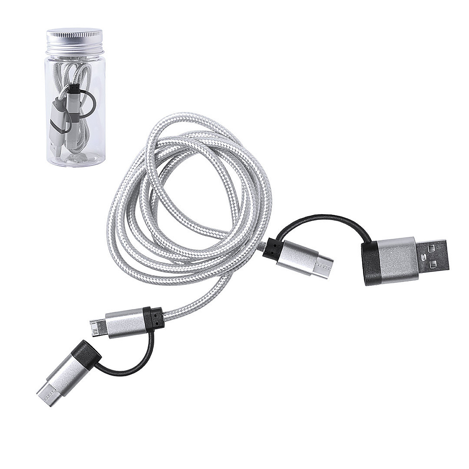 Un cavo di ricarica argentato con connettori USB-A, USB-C e Micro-USB in un contenitore.