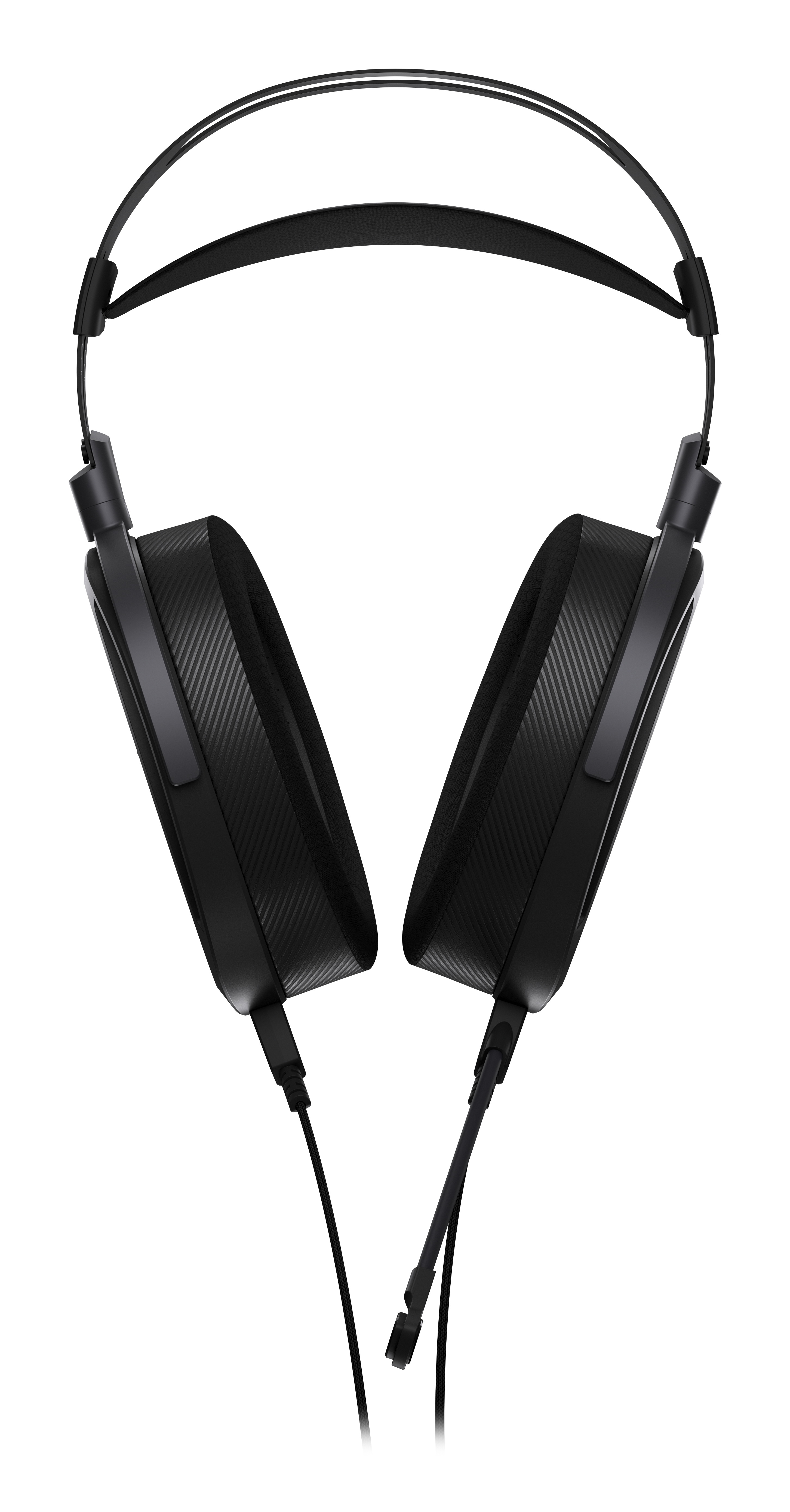 Zwarte over-ear koptelefoon met gestructureerd ontwerp en zilverwitte rand. Witte achtergrond.