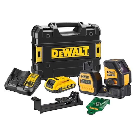 DeWalt Laserwasserwaage-Set mit Koffer, Akku, Ladegerät und Zubehör.