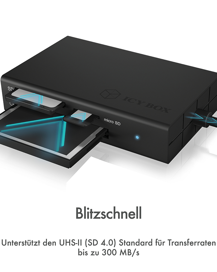 Schwarzer Kartenleser mit SD- und Micro-SD-Karten, blaue Lichter.