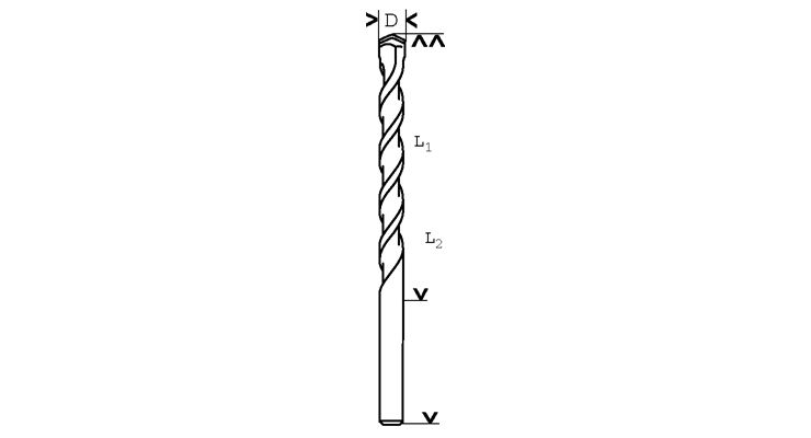 Technische Zeichnung eines Spiralbohrers mit Maßangaben D, L1 und L2.