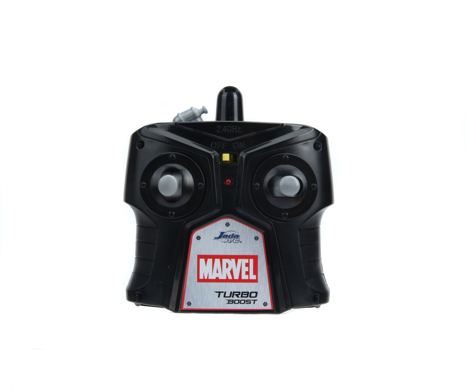 Schwarzer Marvel Turbo Boost RC Controller mit zwei Joysticks und Antenne.