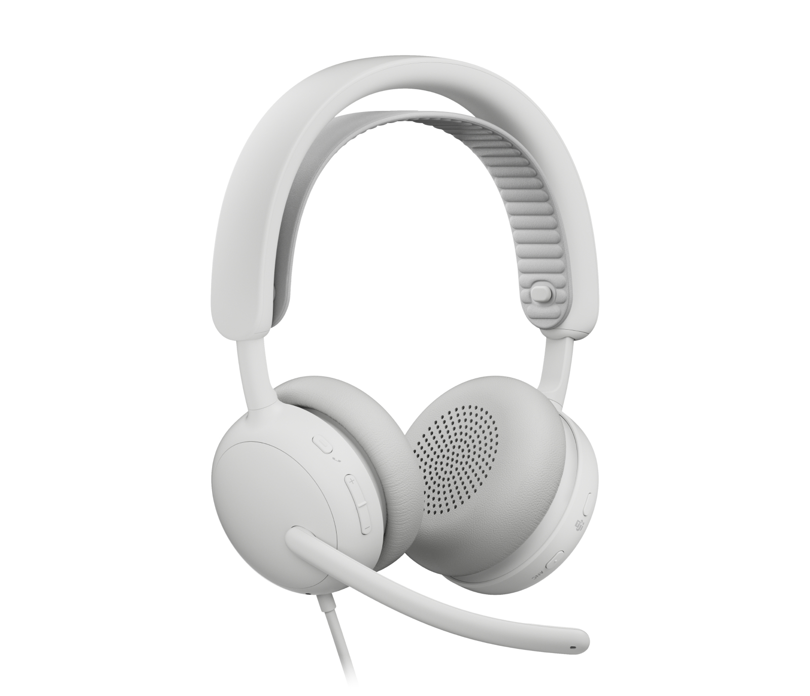 Un auricolare bianco con microfono e padiglioni imbottiti.