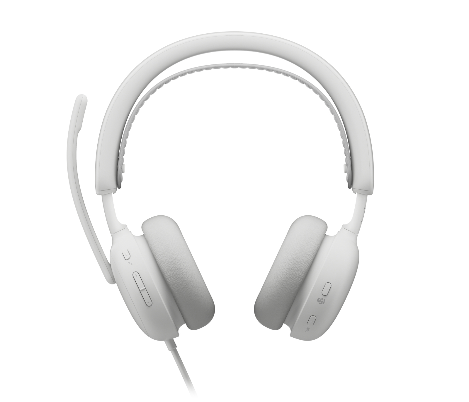 Un auricolare bianco con microfono e padiglioni imbottiti.