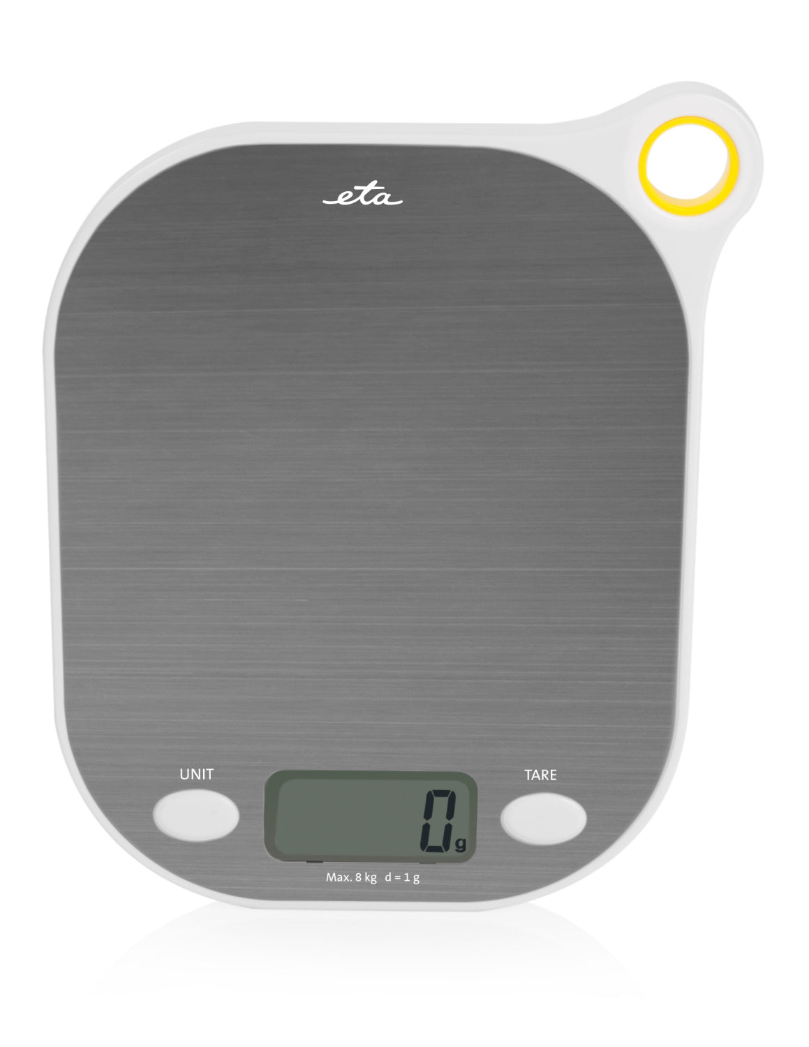 Eine digitale Küchenwaage mit Edelstahloberfläche und LCD-Display.