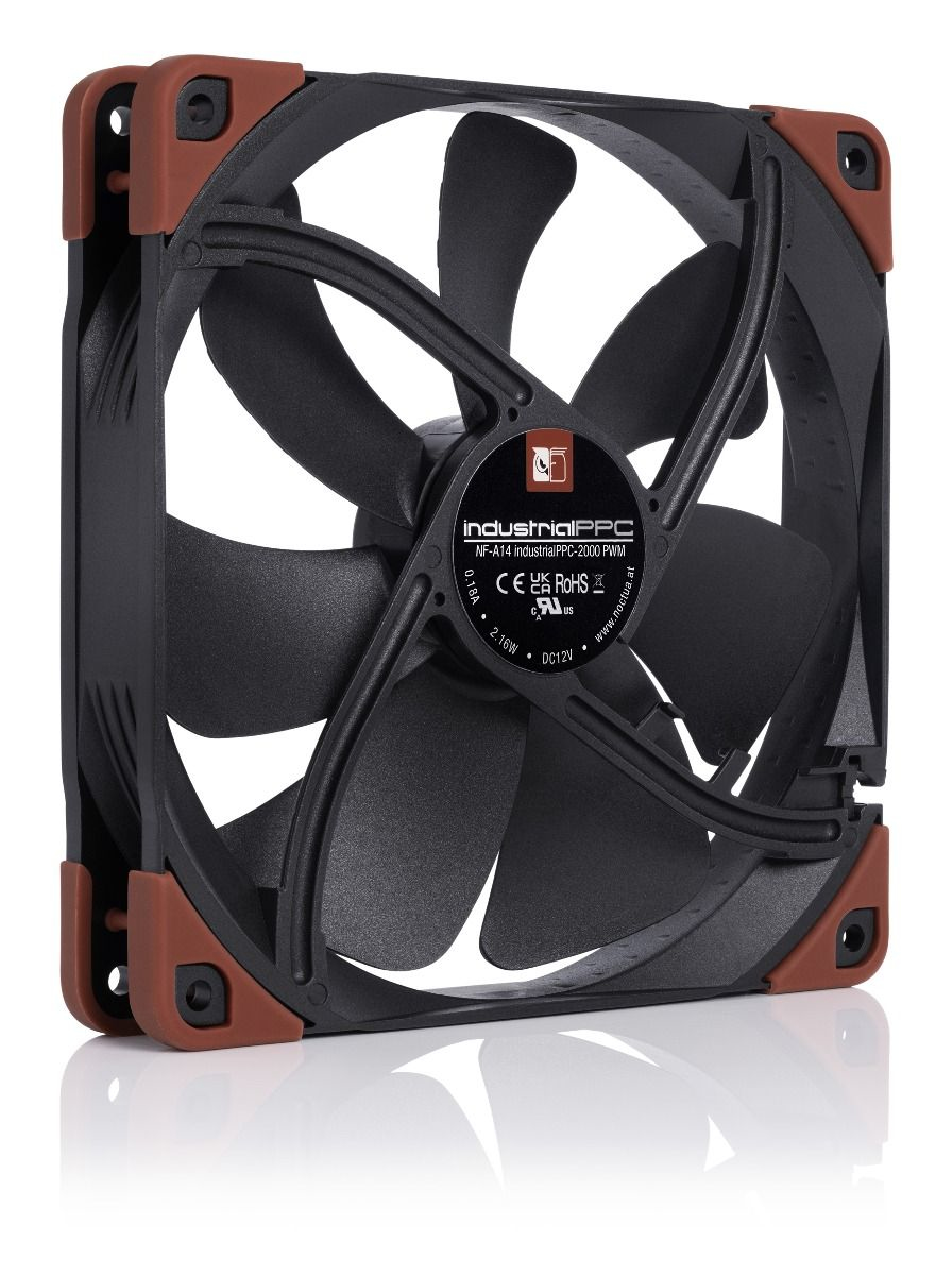 Black computer fan with brown corners and black blades. Details on the label.