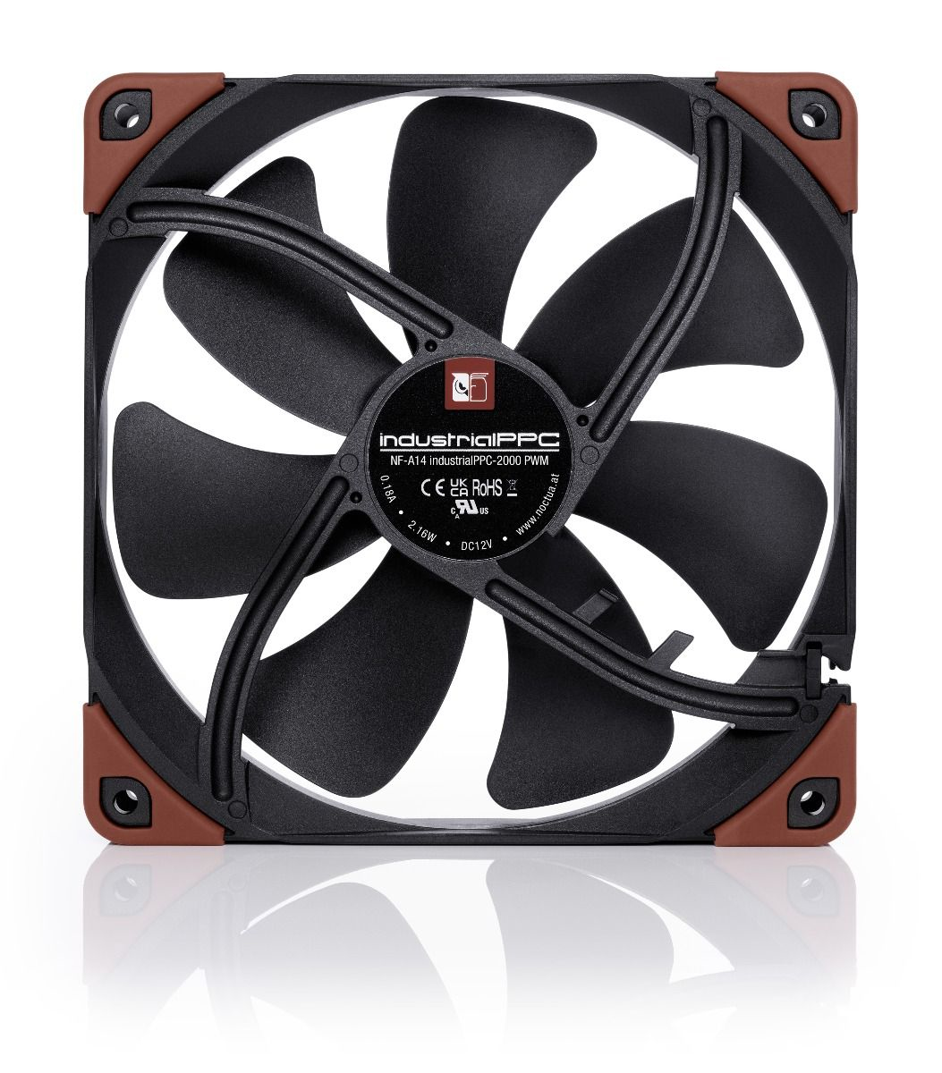 A black computer fan with brown corners on a white background.