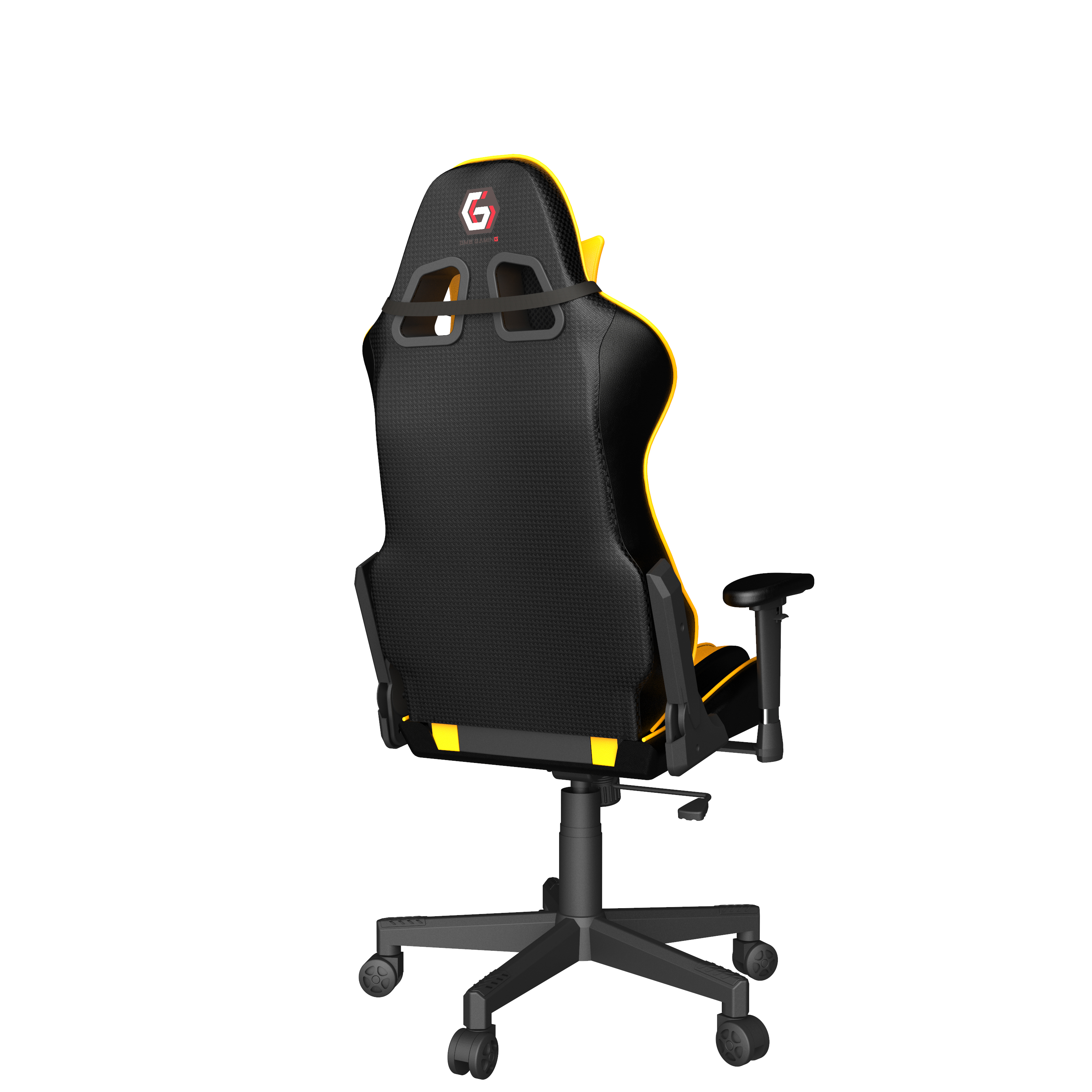 Schwarzer Gamingstuhl mit gelben Akzenten, von hinten gezeigt.
