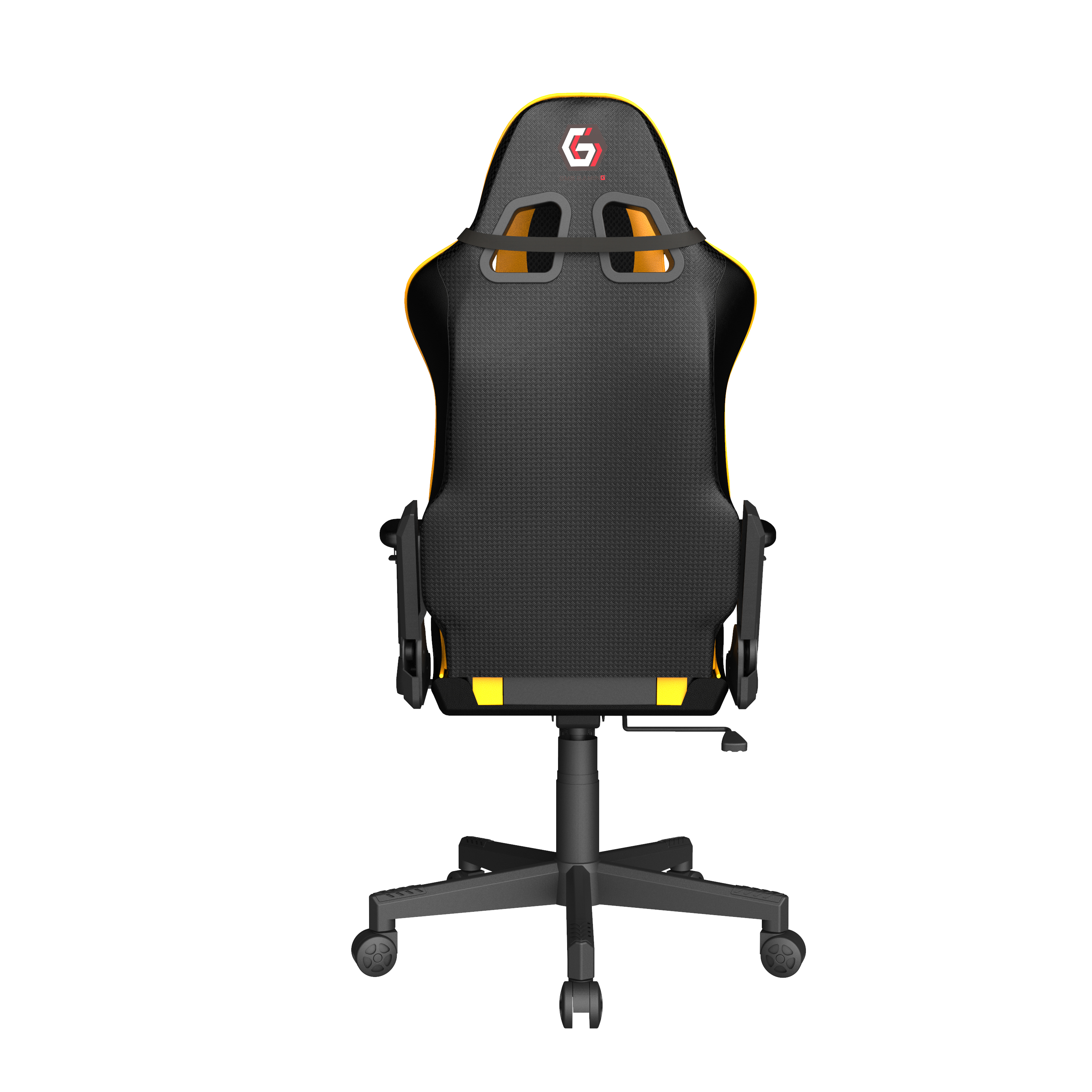 Ein schwarzer Gaming-Stuhl mit gelben Akzenten und einem G-Logo.