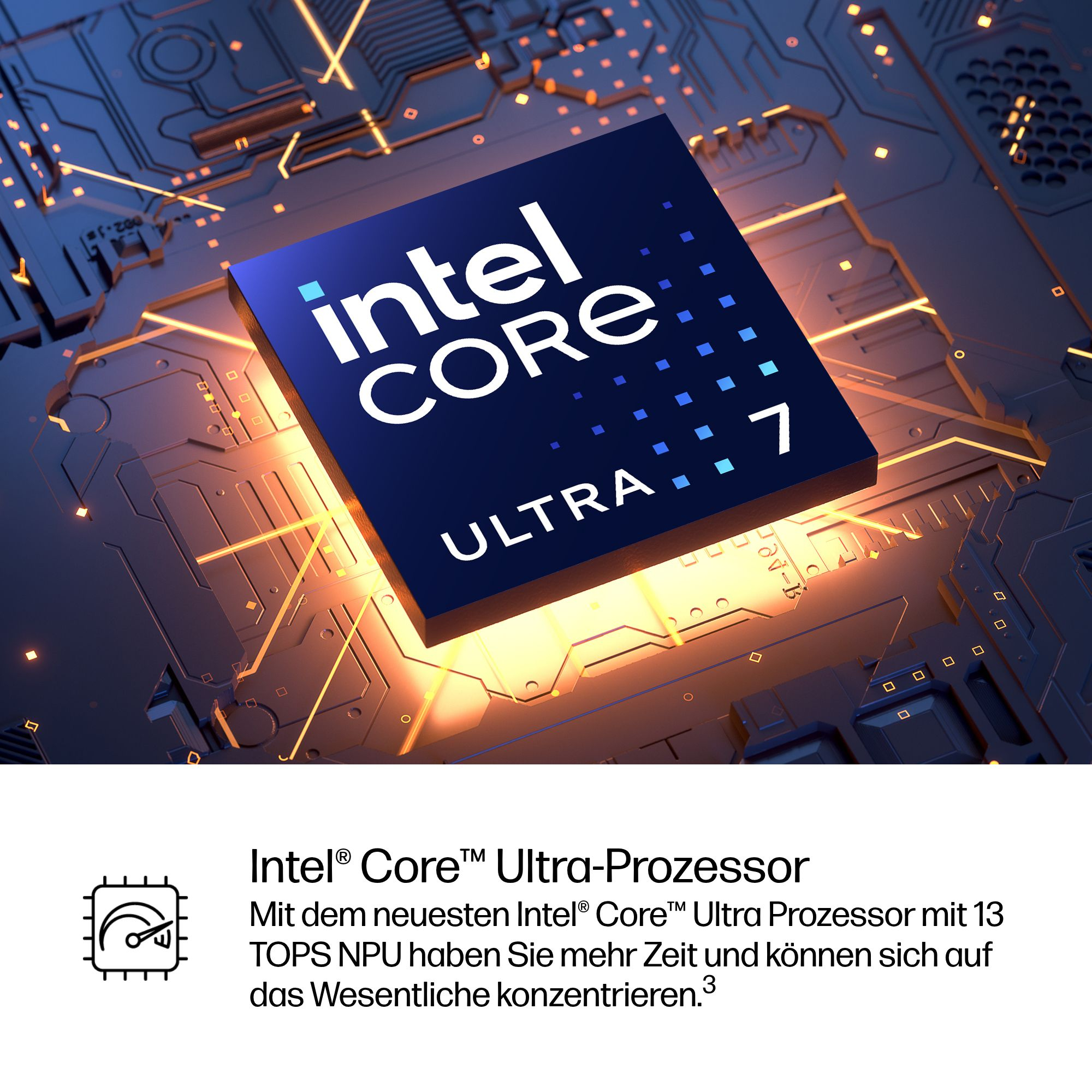 Processeur Intel Core Ultra 7 sur une carte de circuit complexe avec des lignes lumineuses.