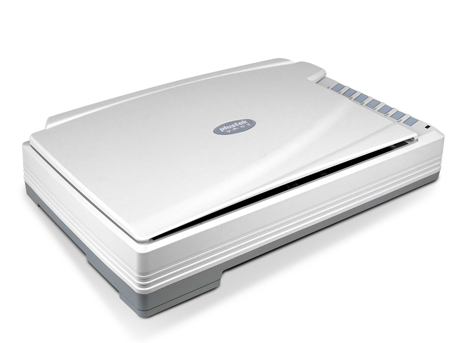 Uno scanner flatbed bianco con accenti grigi su sfondo bianco.