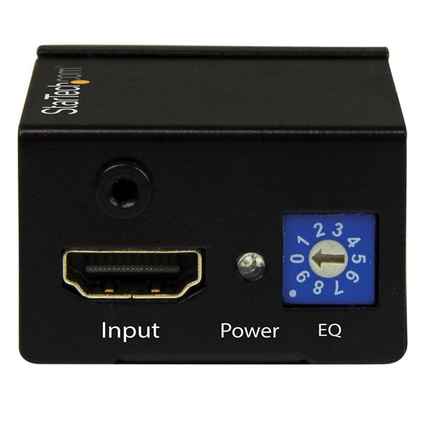 Dispositivo StarTech.com negro con entrada HDMI, alimentación y ajustes EQ.