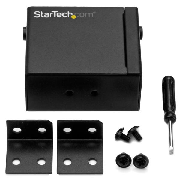 Dispositivo negro StarTech.com con dos soportes, cuatro tornillos y un destornillador.